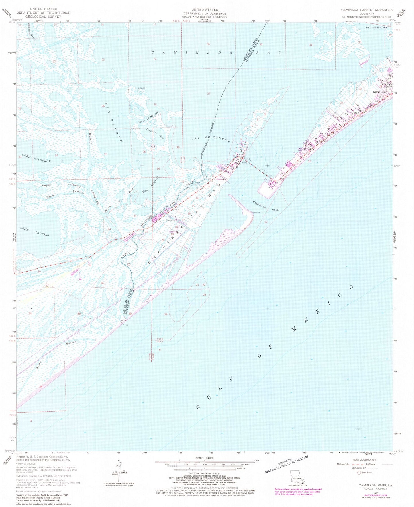 Classic USGS Caminada Pass Louisiana 7.5'x7.5' Topo Map Image