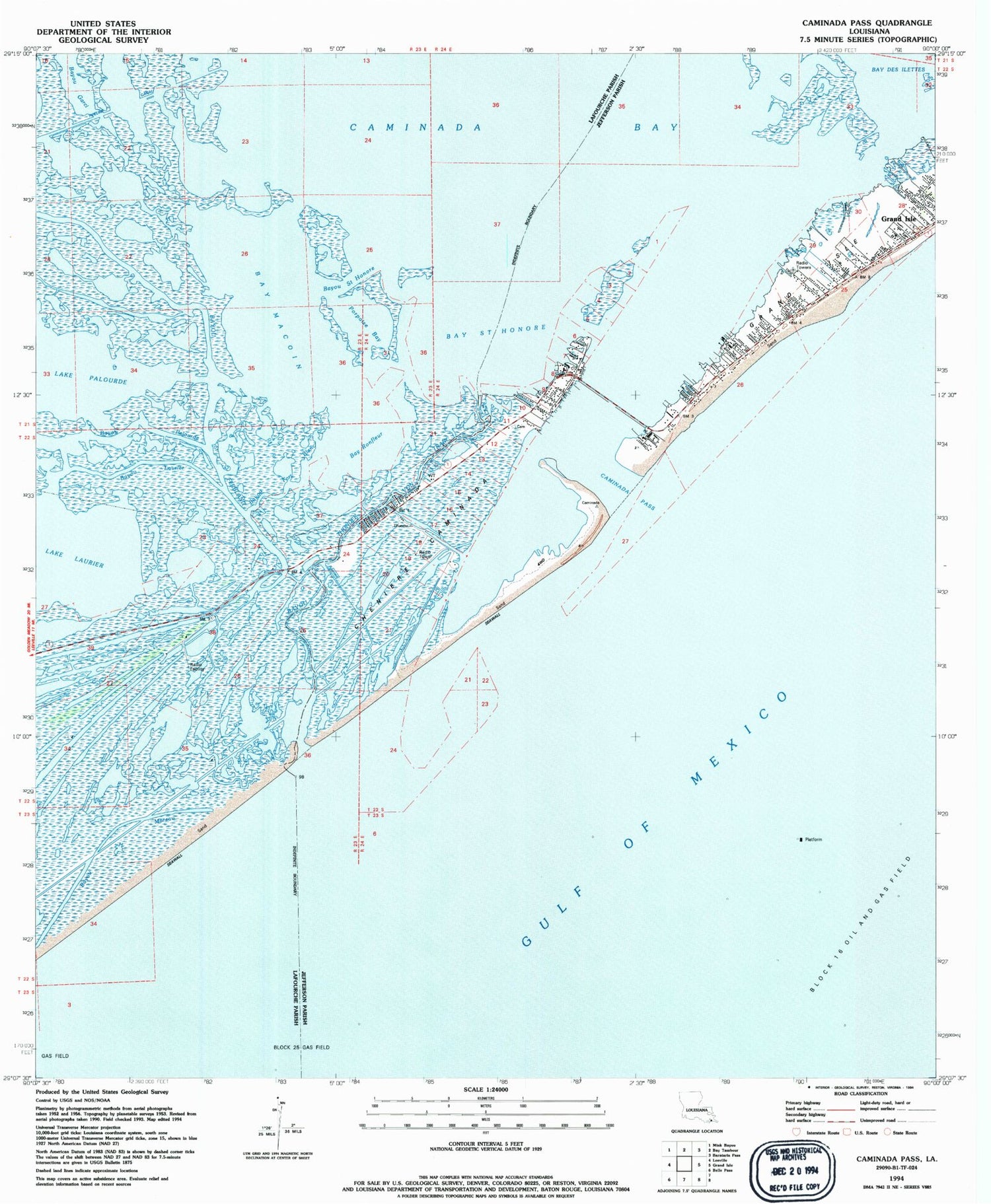 Classic USGS Caminada Pass Louisiana 7.5'x7.5' Topo Map Image