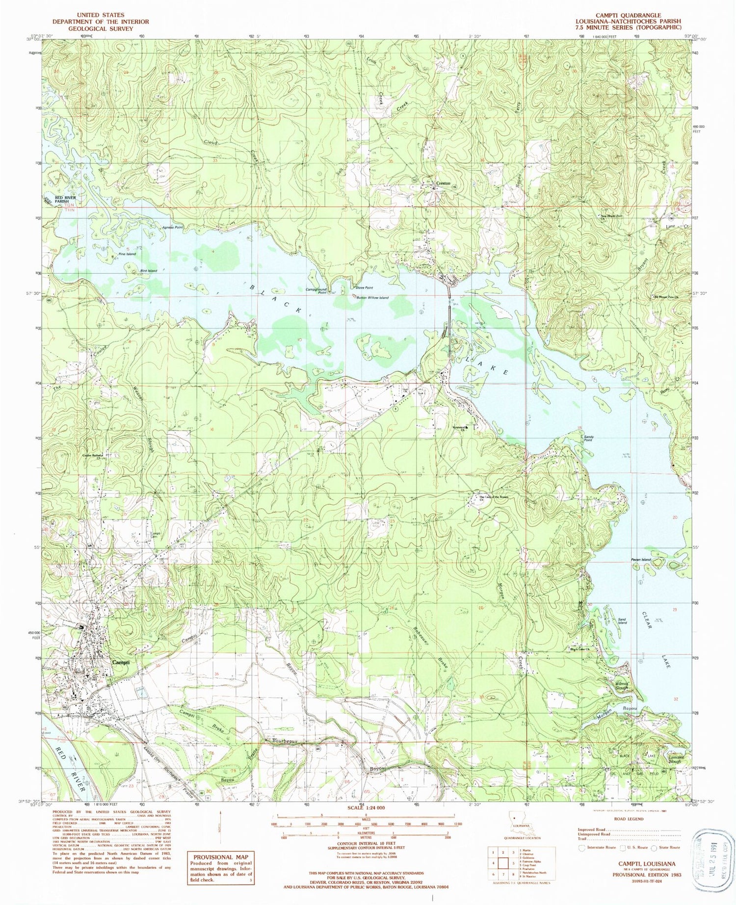 Classic USGS Campti Louisiana 7.5'x7.5' Topo Map Image