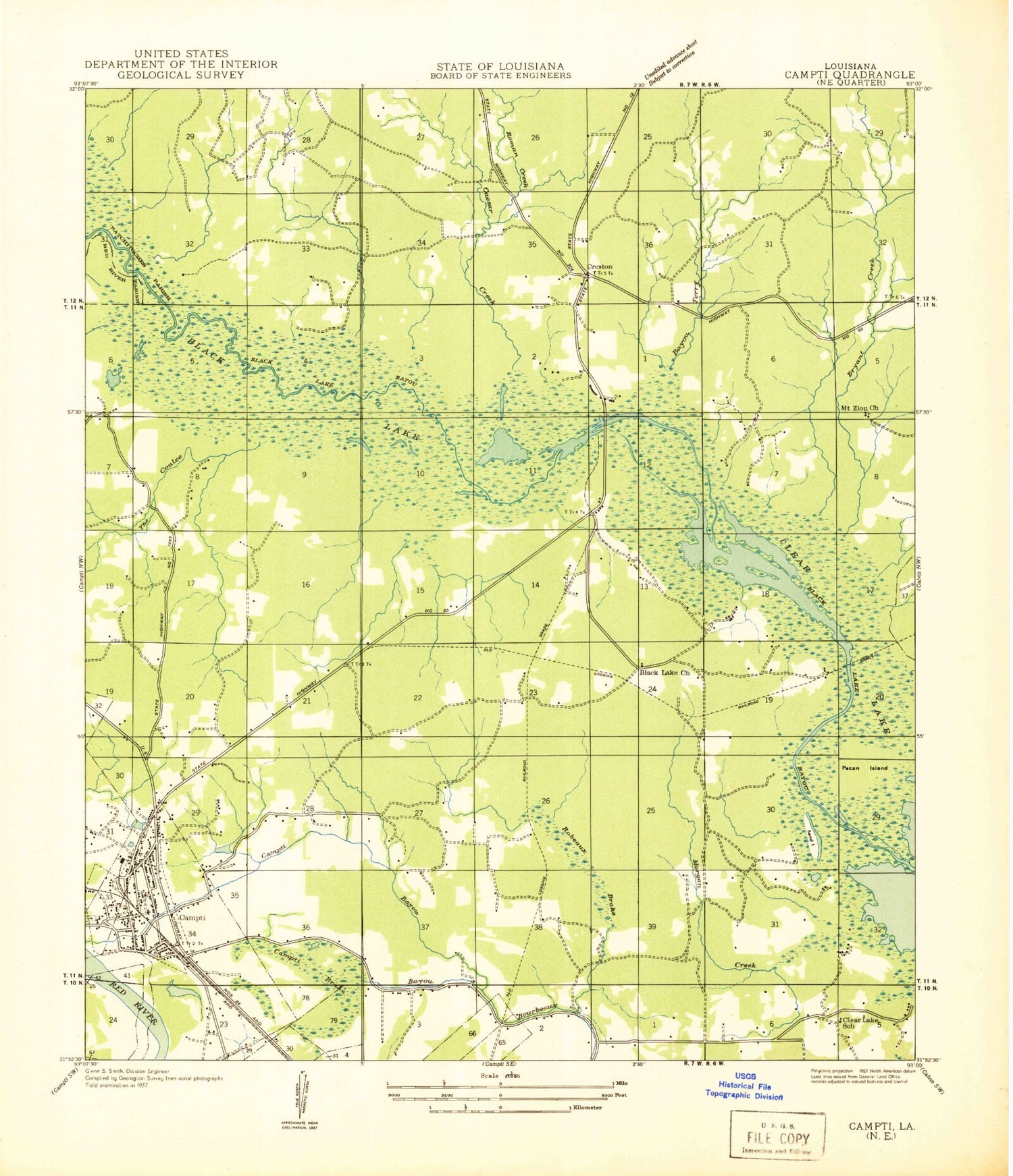 Classic USGS Campti Louisiana 7.5'x7.5' Topo Map Image