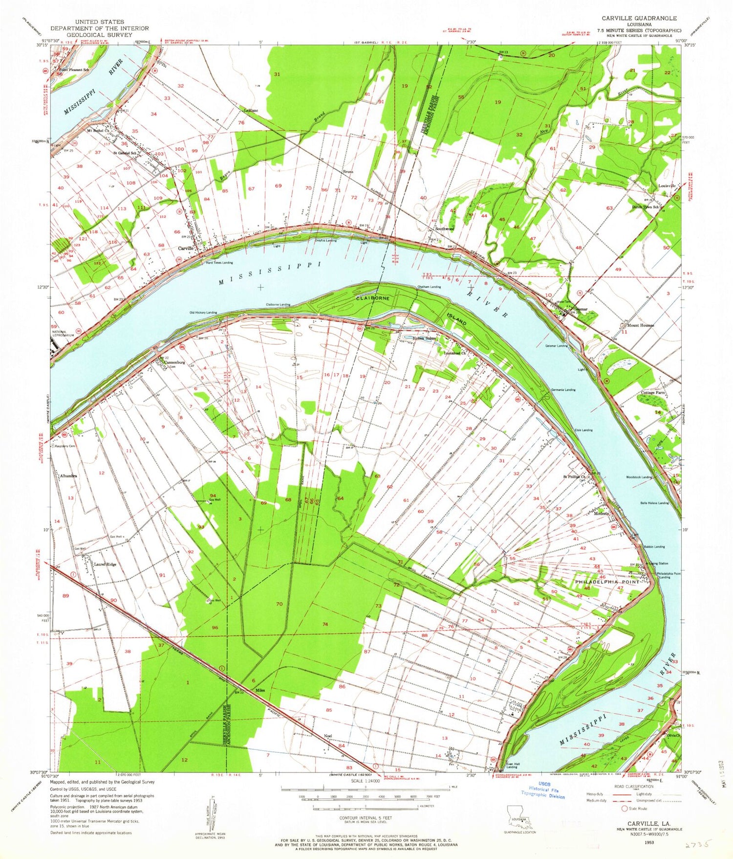 Classic USGS Carville Louisiana 7.5'x7.5' Topo Map Image