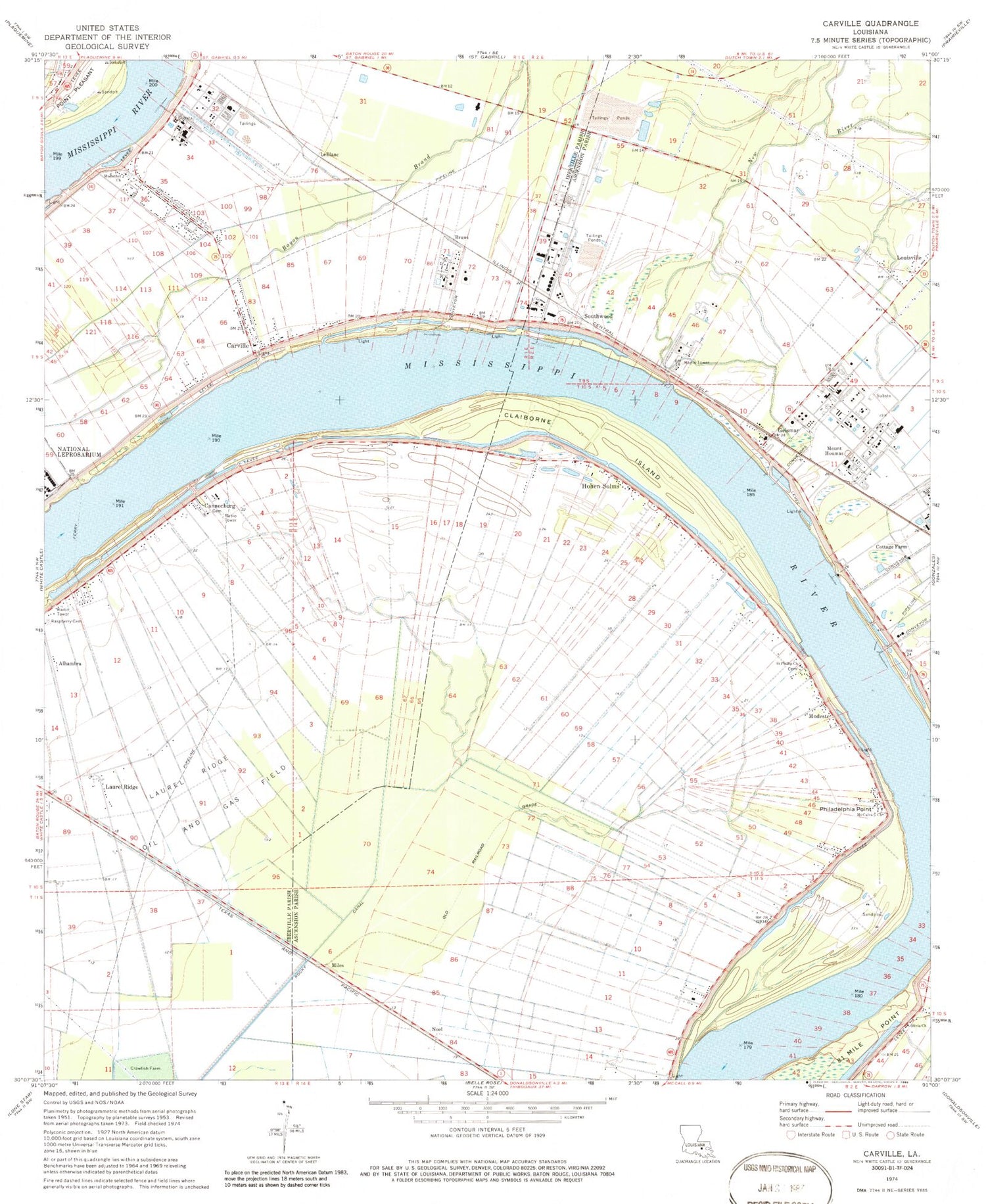 Classic USGS Carville Louisiana 7.5'x7.5' Topo Map Image