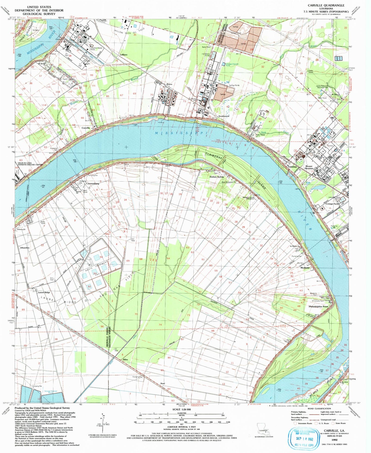 Classic USGS Carville Louisiana 7.5'x7.5' Topo Map Image