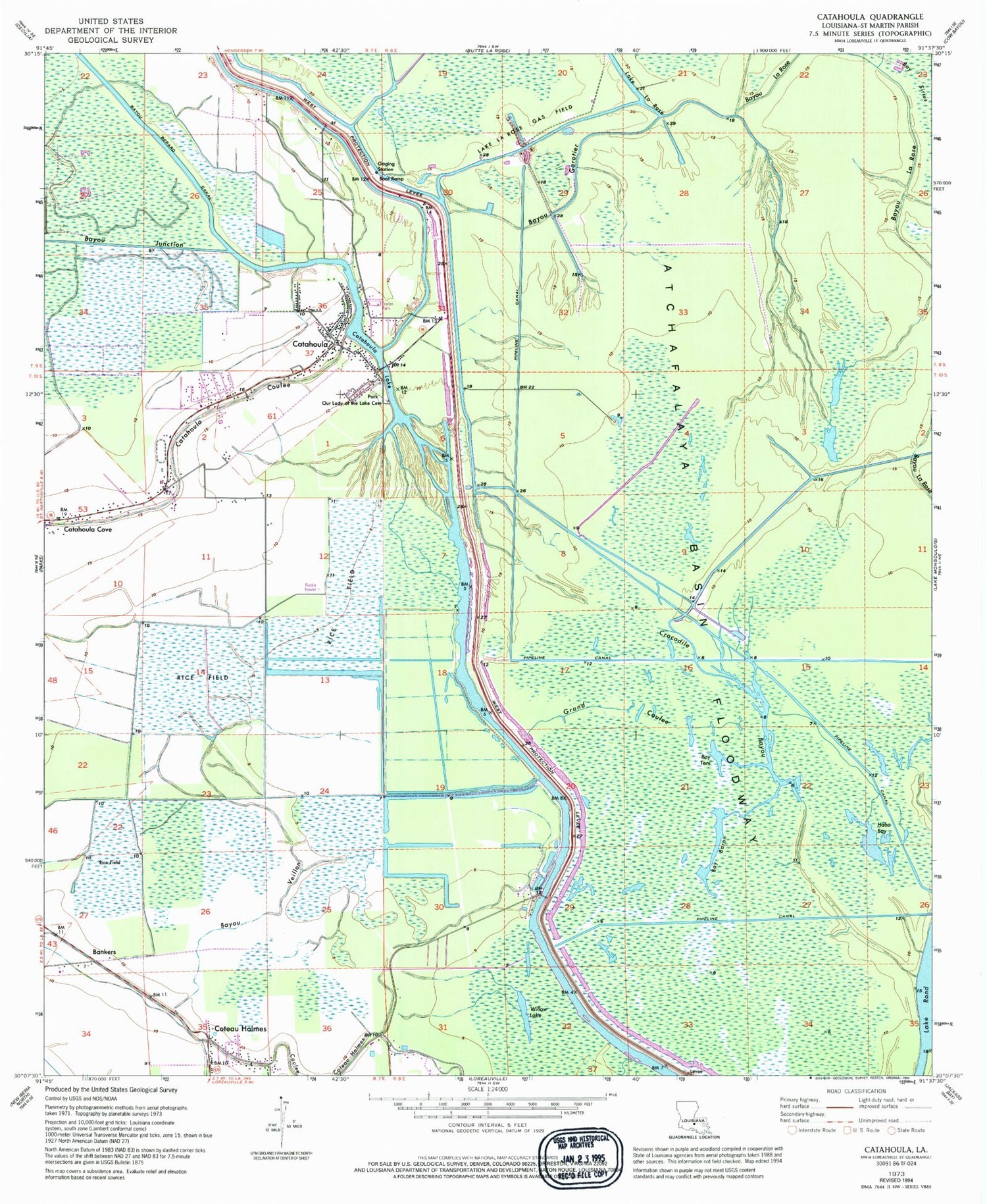 Classic USGS Catahoula Louisiana 7.5'x7.5' Topo Map Image