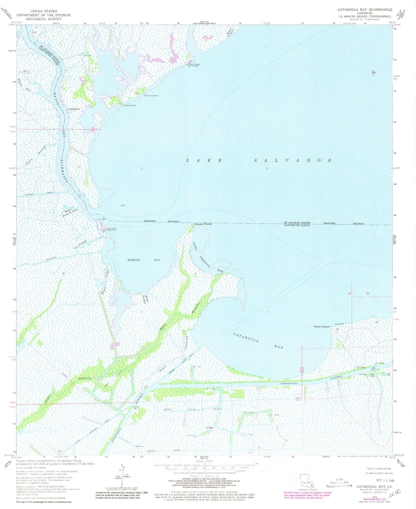Classic USGS Catahoula Bay Louisiana 7.5'x7.5' Topo Map Image