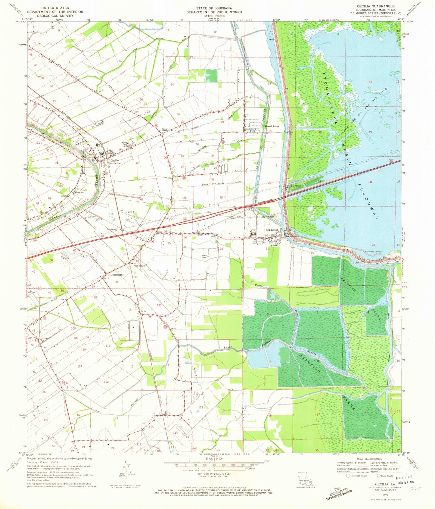 Classic USGS Cecilia Louisiana 7.5'x7.5' Topo Map Image
