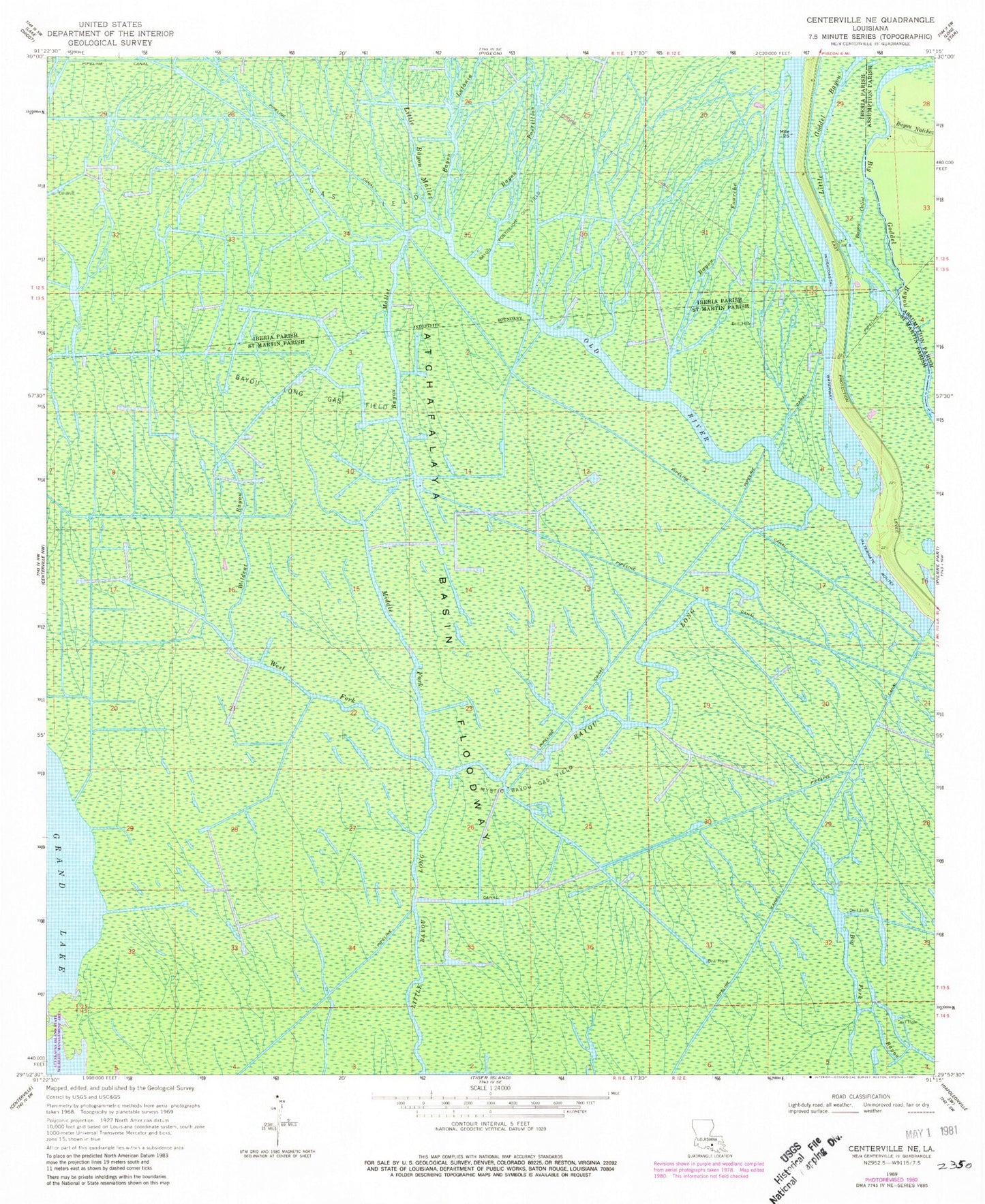 Classic USGS Centerville NE Louisiana 7.5'x7.5' Topo Map Image