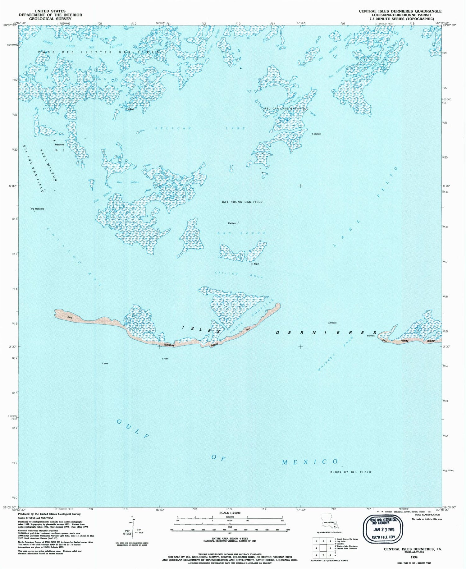 Classic USGS Central Isles Dernieres Louisiana 7.5'x7.5' Topo Map Image