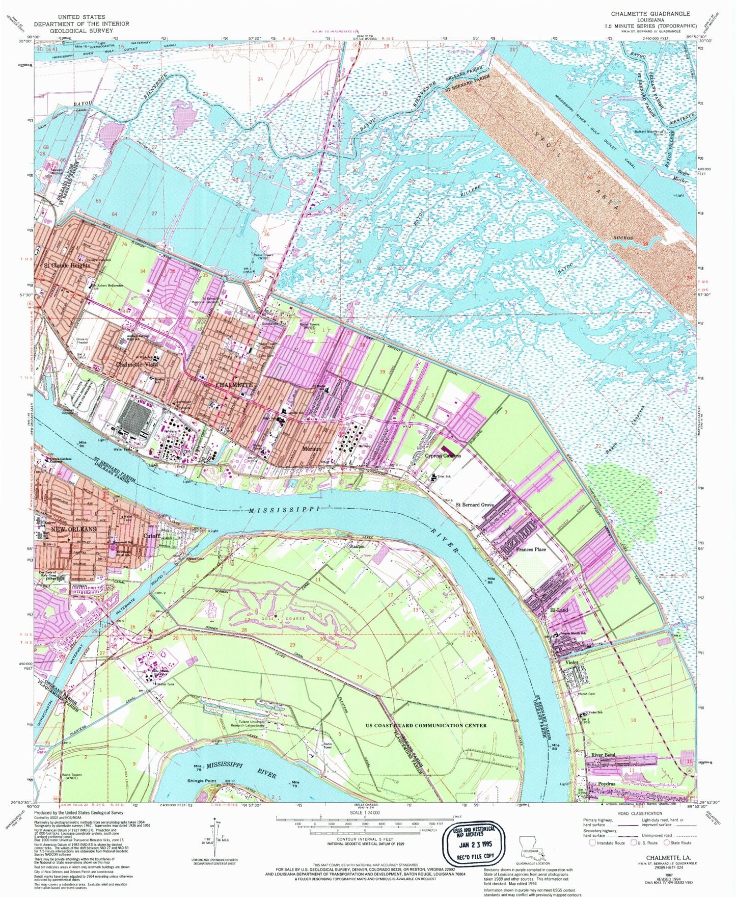 Classic USGS Chalmette Louisiana 7.5'x7.5' Topo Map Image