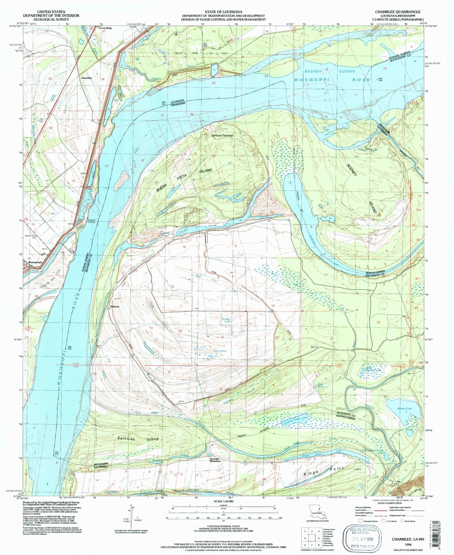 Classic USGS Chamblee Louisiana 7.5'x7.5' Topo Map Image