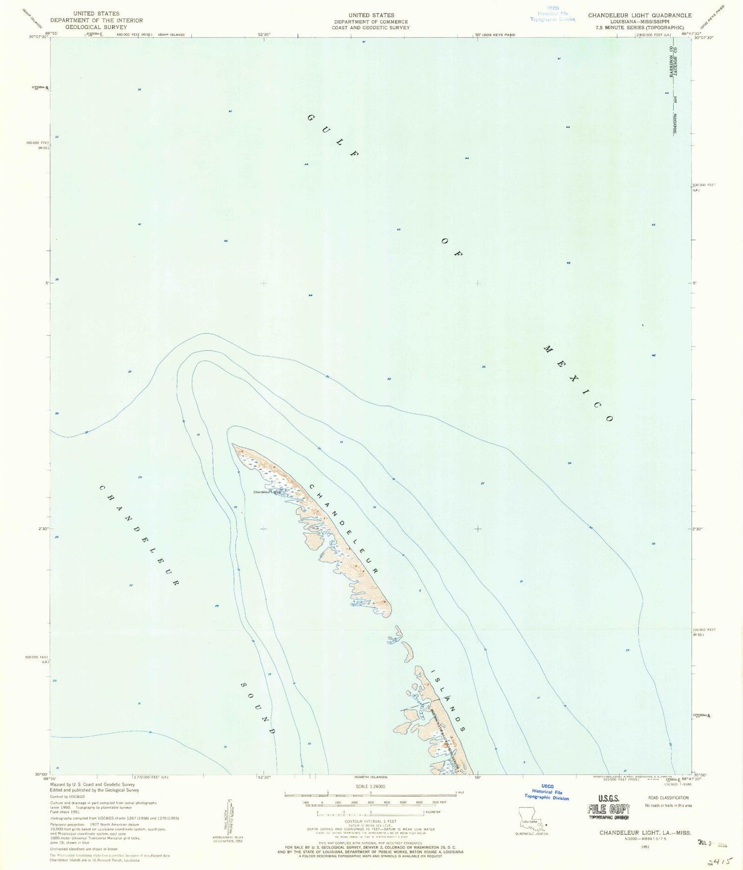 Classic USGS Chandeleur Light Louisiana 7.5'x7.5' Topo Map Image