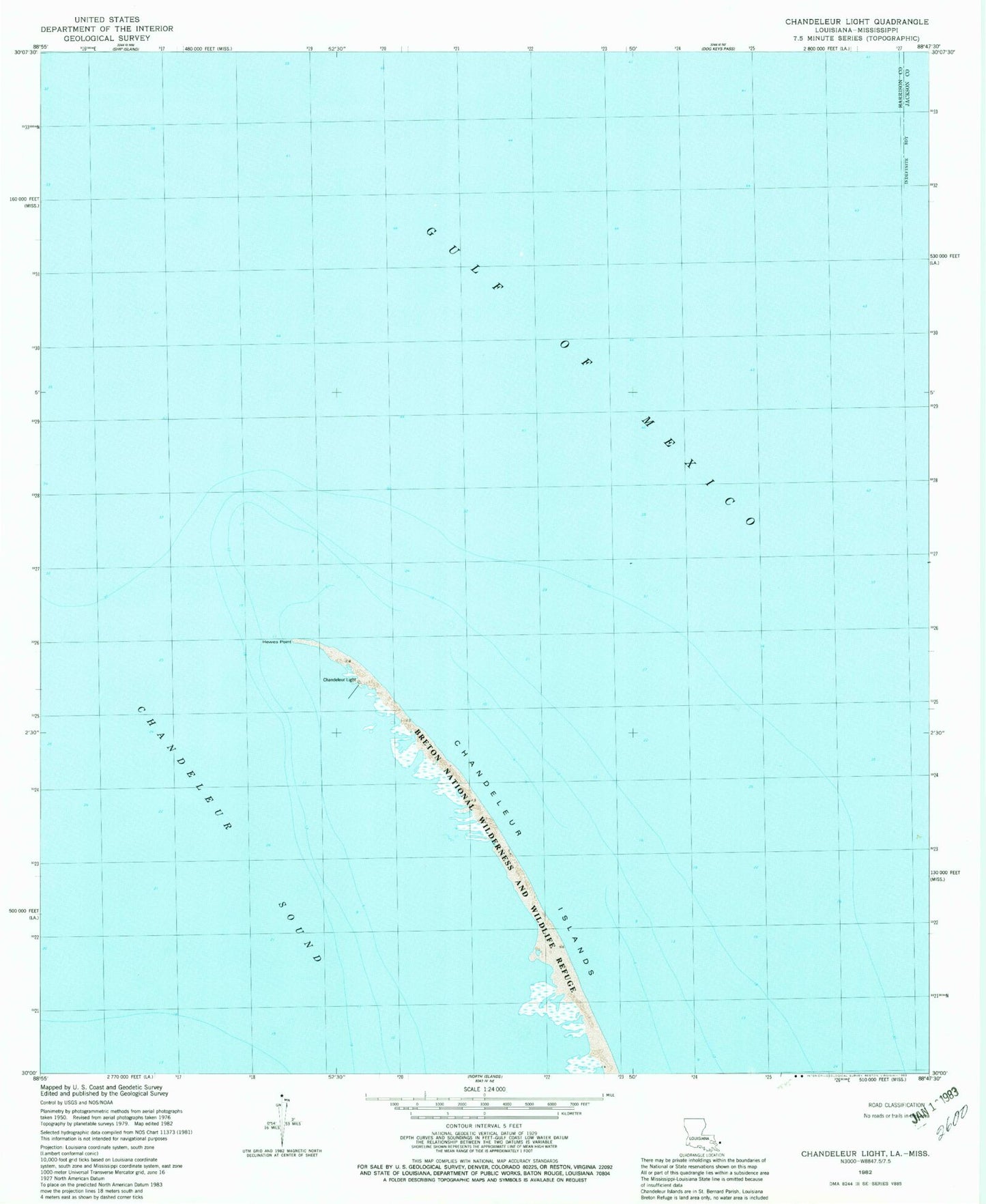 Classic USGS Chandeleur Light Louisiana 7.5'x7.5' Topo Map Image