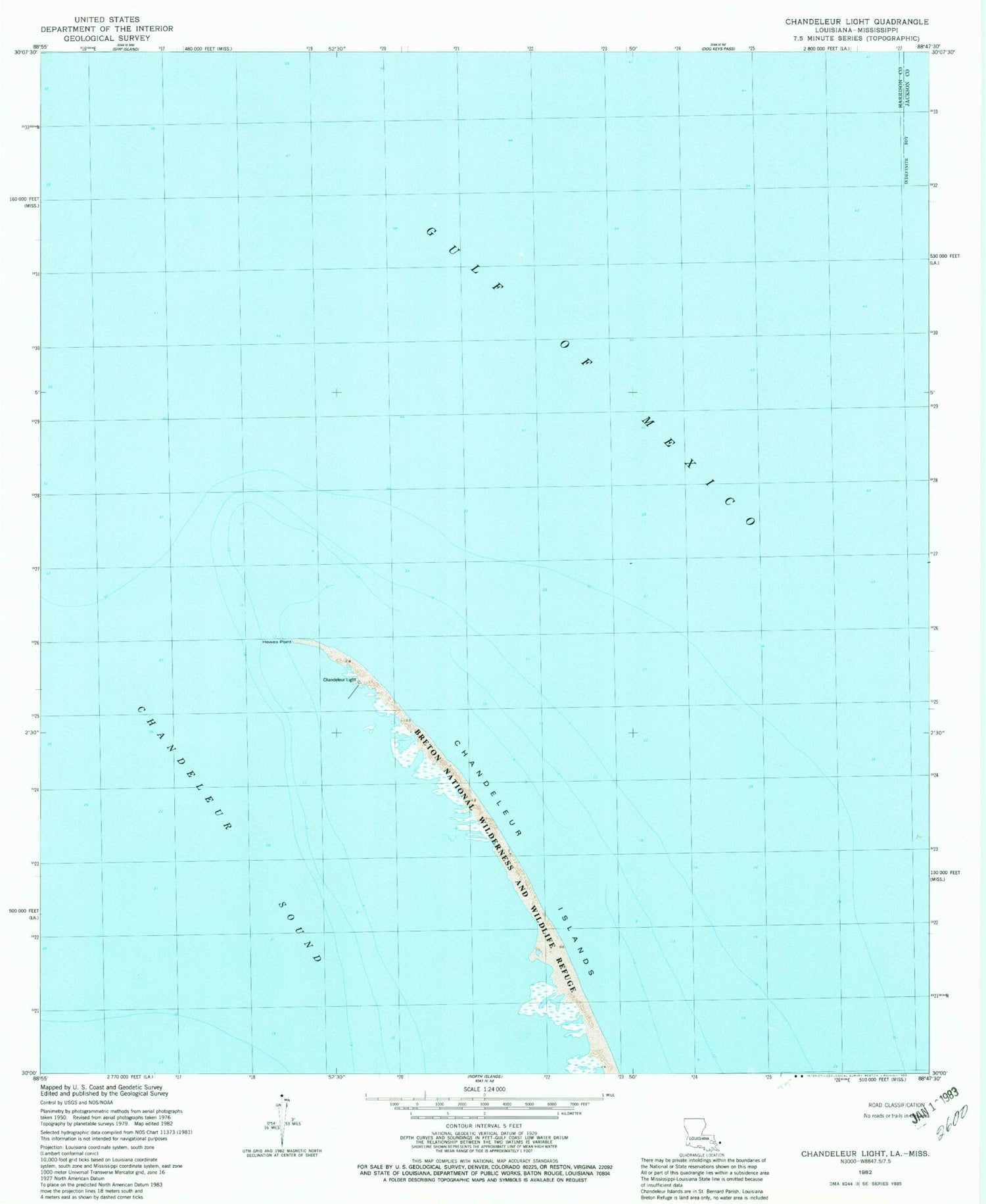 Classic USGS Chandeleur Light Louisiana 7.5'x7.5' Topo Map Image