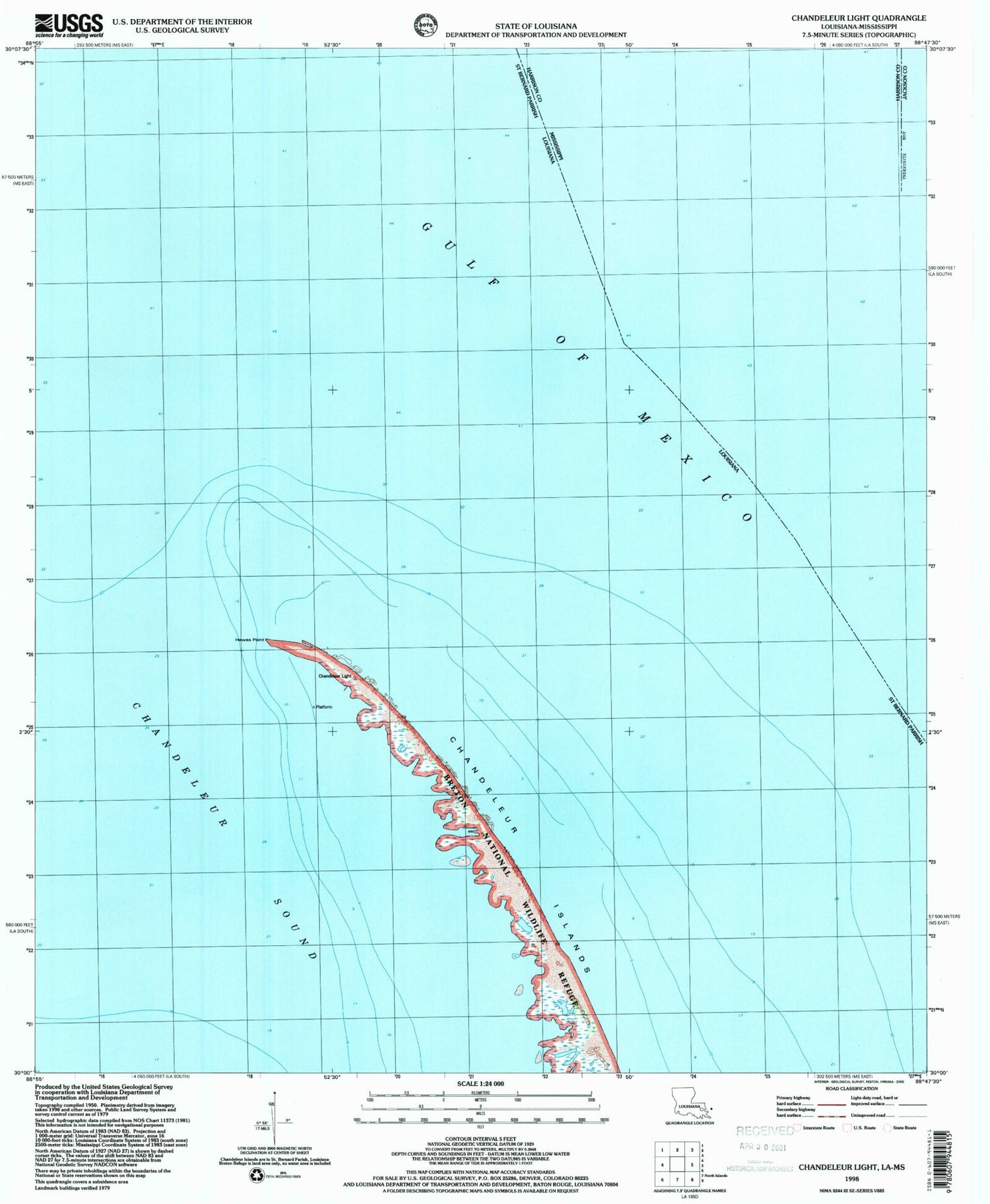 Classic USGS Chandeleur Light Louisiana 7.5'x7.5' Topo Map Image