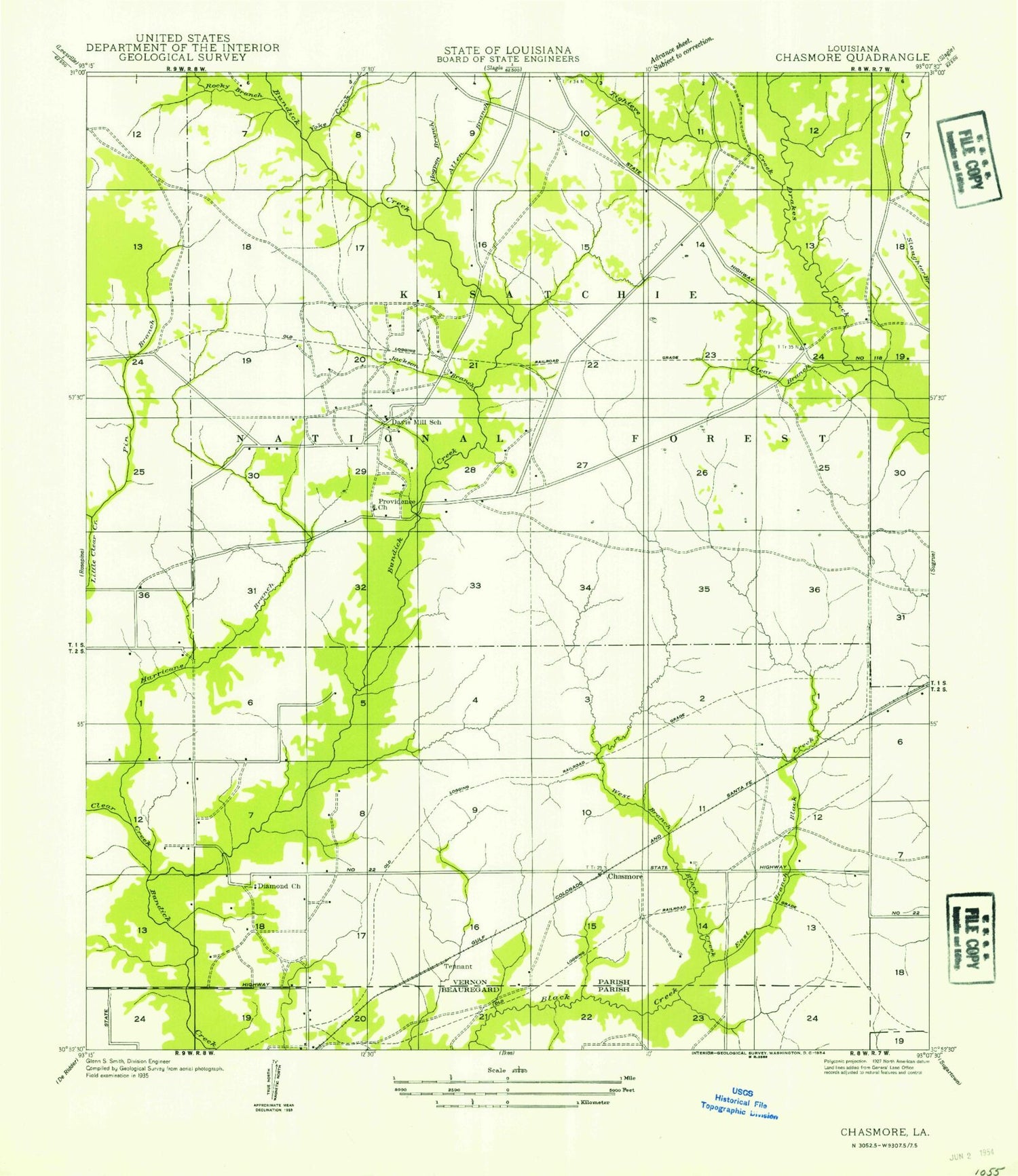 Classic USGS Hurricane Branch Louisiana 7.5'x7.5' Topo Map Image
