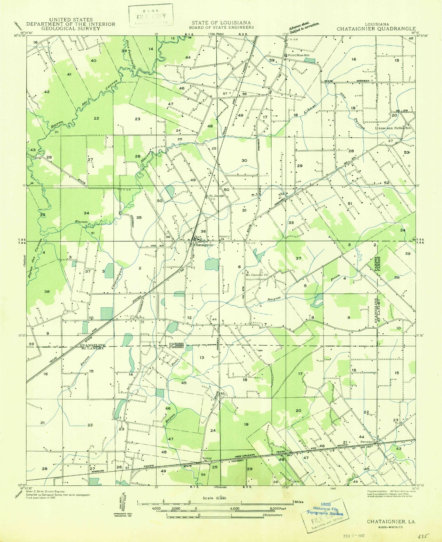 Classic USGS Chataignier Louisiana 7.5'x7.5' Topo Map Image