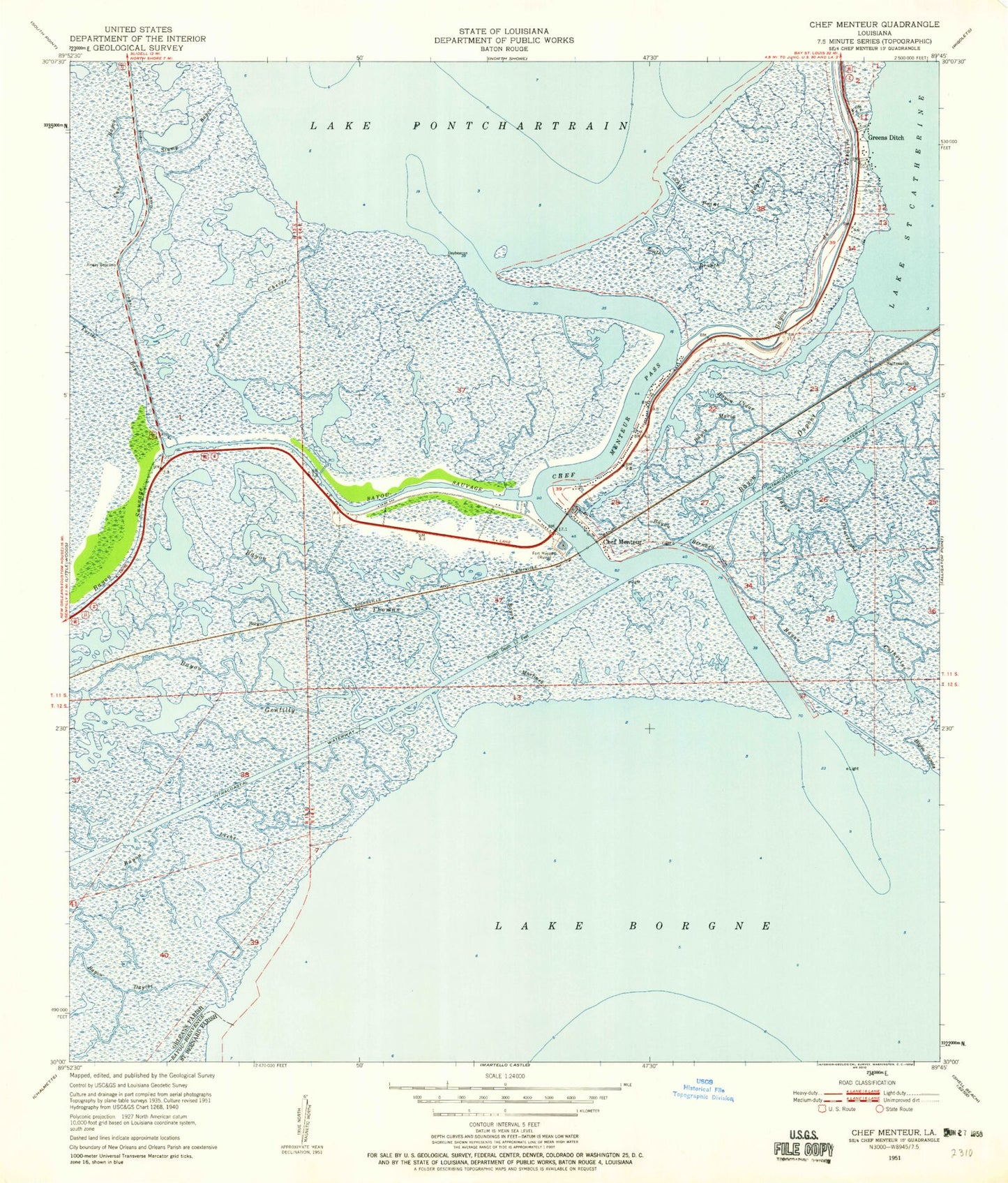 Classic USGS Chef Menteur Louisiana 7.5'x7.5' Topo Map Image