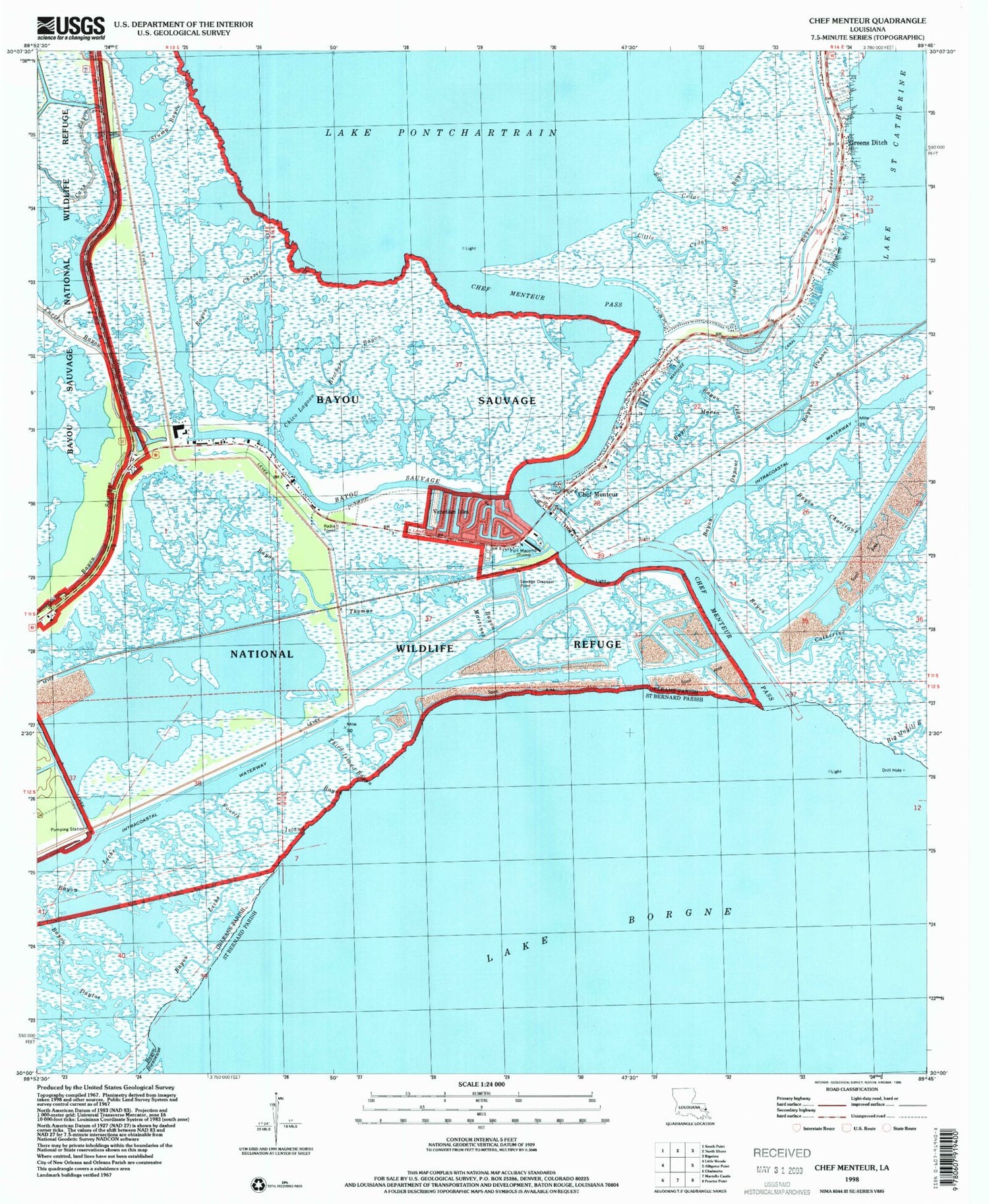 Classic USGS Chef Menteur Louisiana 7.5'x7.5' Topo Map Image