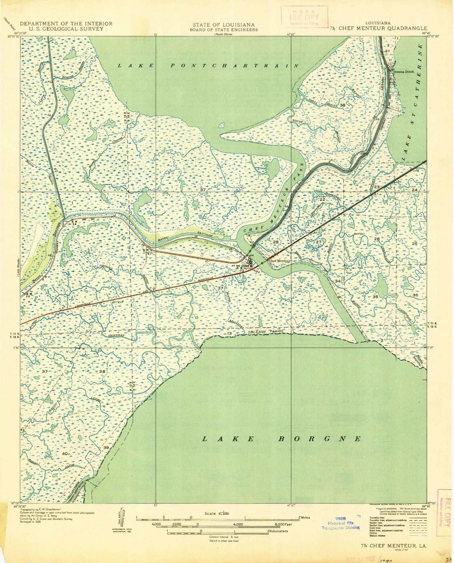 Classic USGS Chef Menteur Louisiana 7.5'x7.5' Topo Map Image