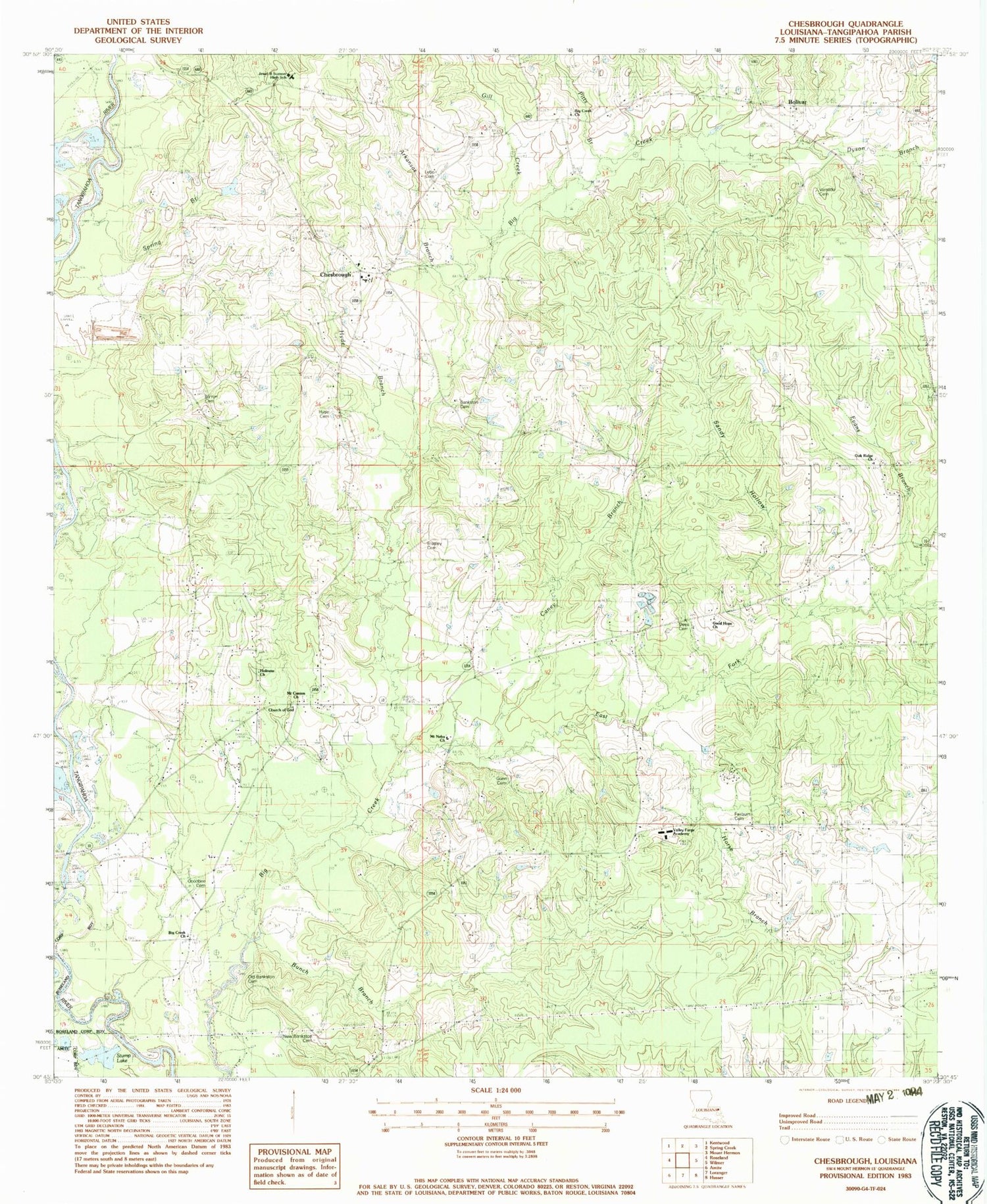 Classic USGS Chesbrough Louisiana 7.5'x7.5' Topo Map Image