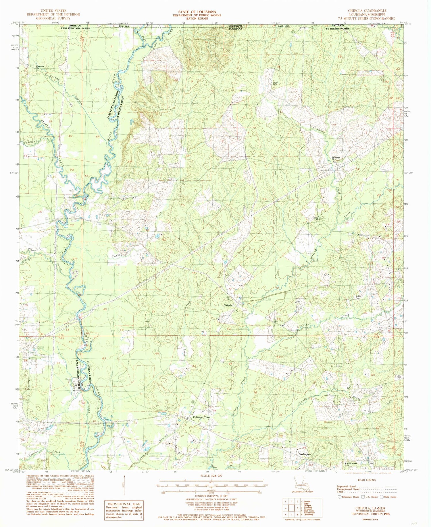 Classic USGS Chipola Louisiana 7.5'x7.5' Topo Map Image