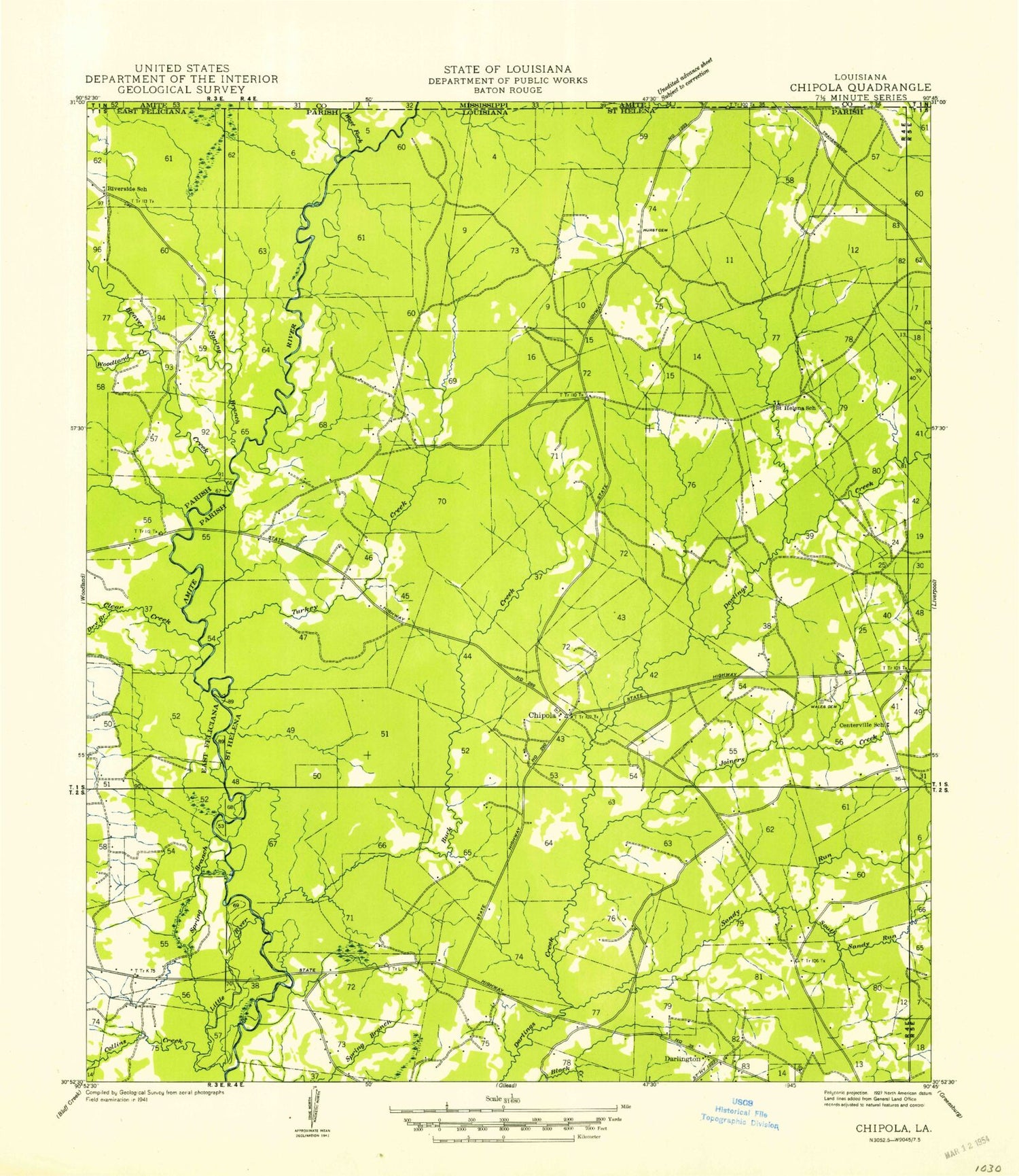 Classic USGS Chipola Louisiana 7.5'x7.5' Topo Map Image