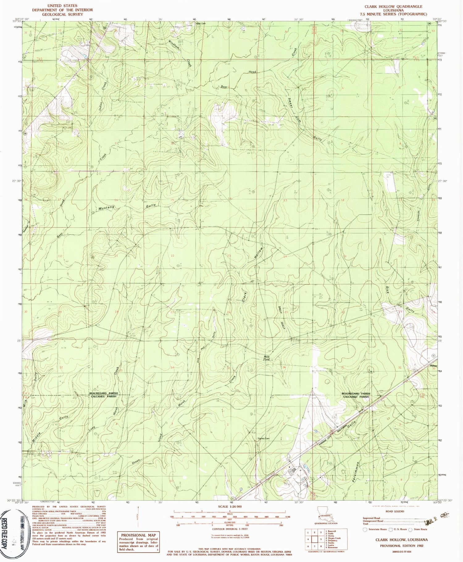 Classic USGS Clark Hollow Louisiana 7.5'x7.5' Topo Map Image