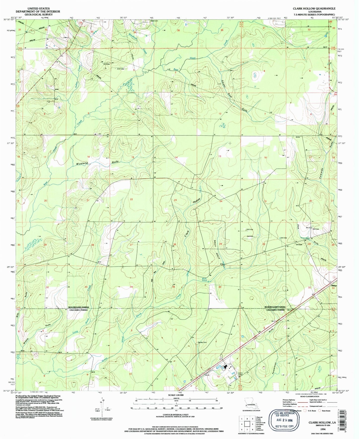 Classic USGS Clark Hollow Louisiana 7.5'x7.5' Topo Map Image