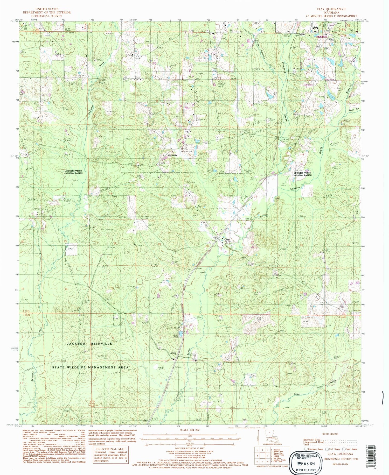 Classic USGS Clay Louisiana 7.5'x7.5' Topo Map Image