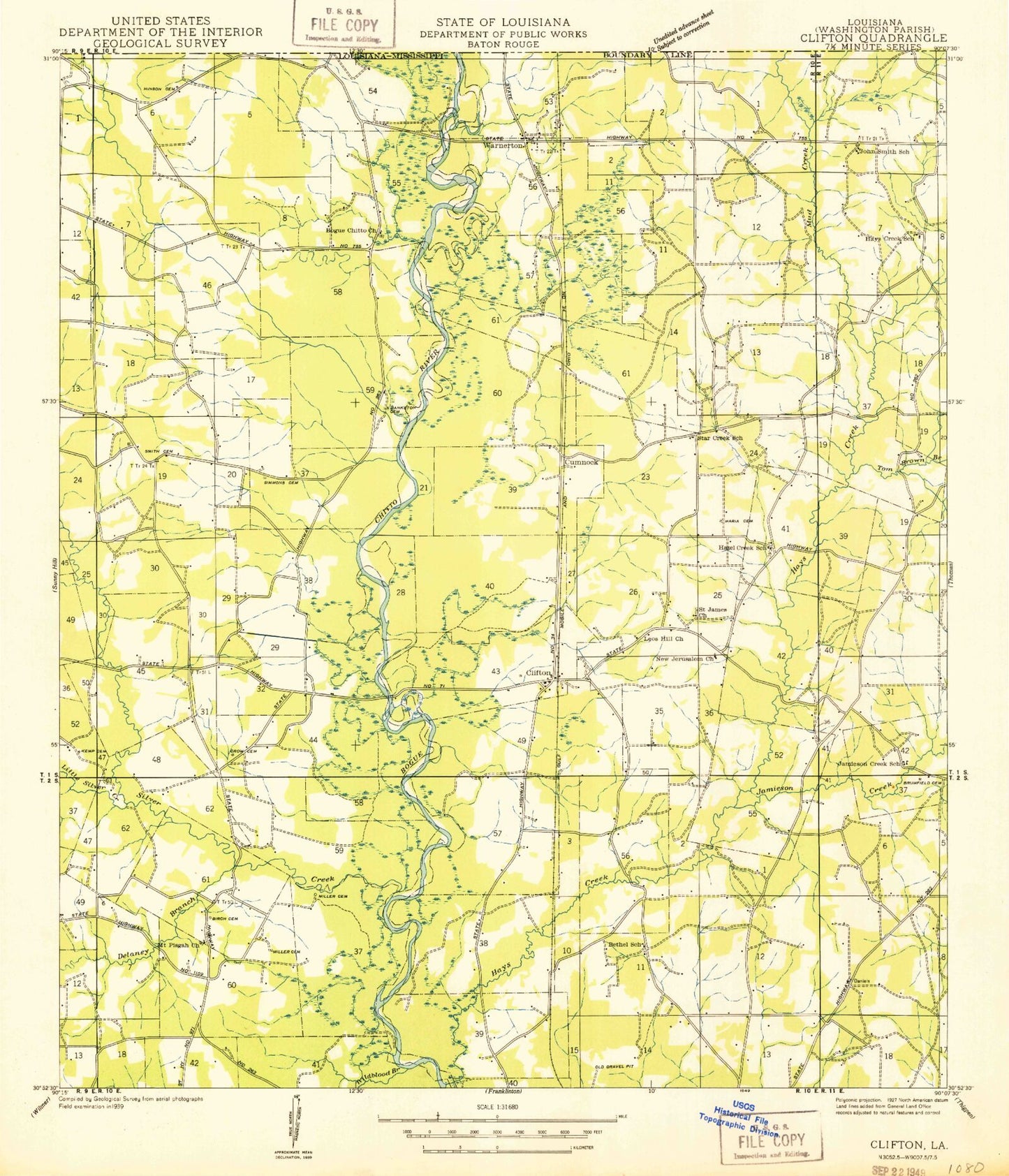 Classic USGS Clifton Louisiana 7.5'x7.5' Topo Map Image