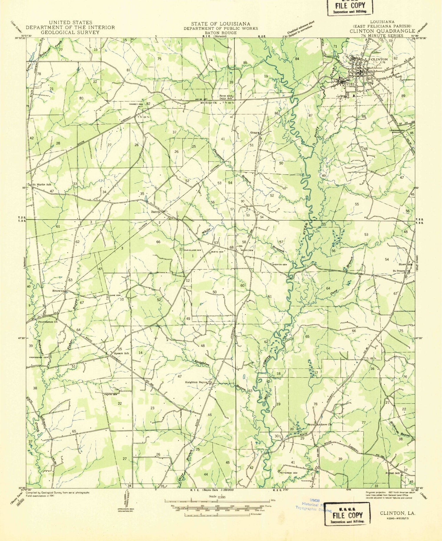 Classic USGS Clinton Louisiana 7.5'x7.5' Topo Map Image