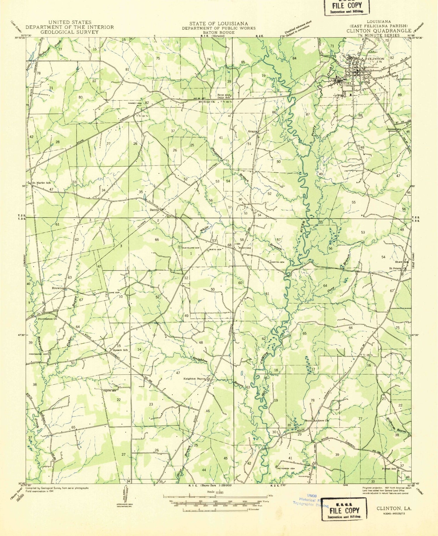Classic USGS Clinton Louisiana 7.5'x7.5' Topo Map Image