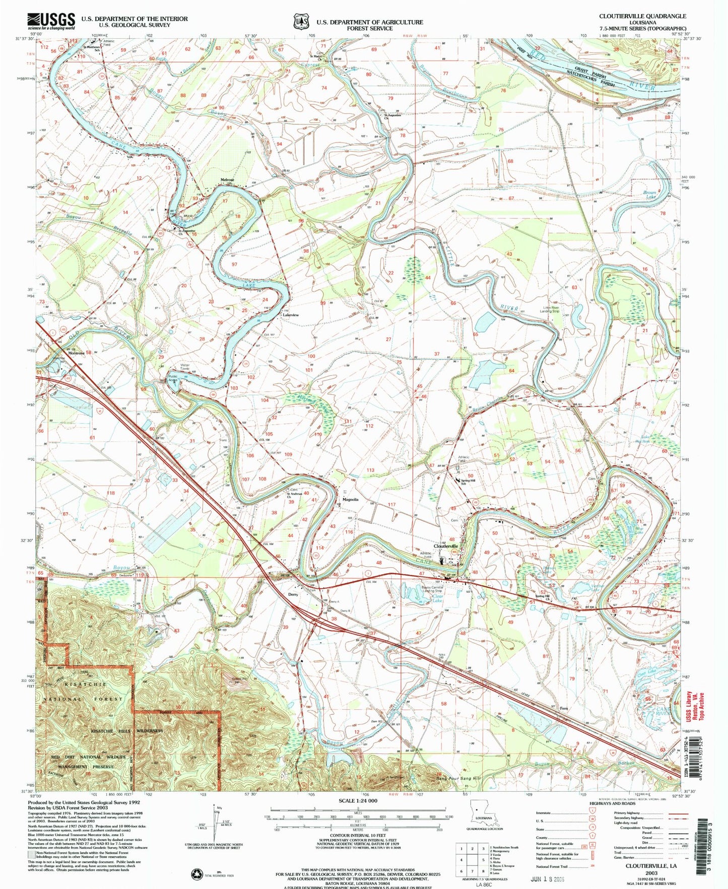 Classic USGS Cloutierville Louisiana 7.5'x7.5' Topo Map Image