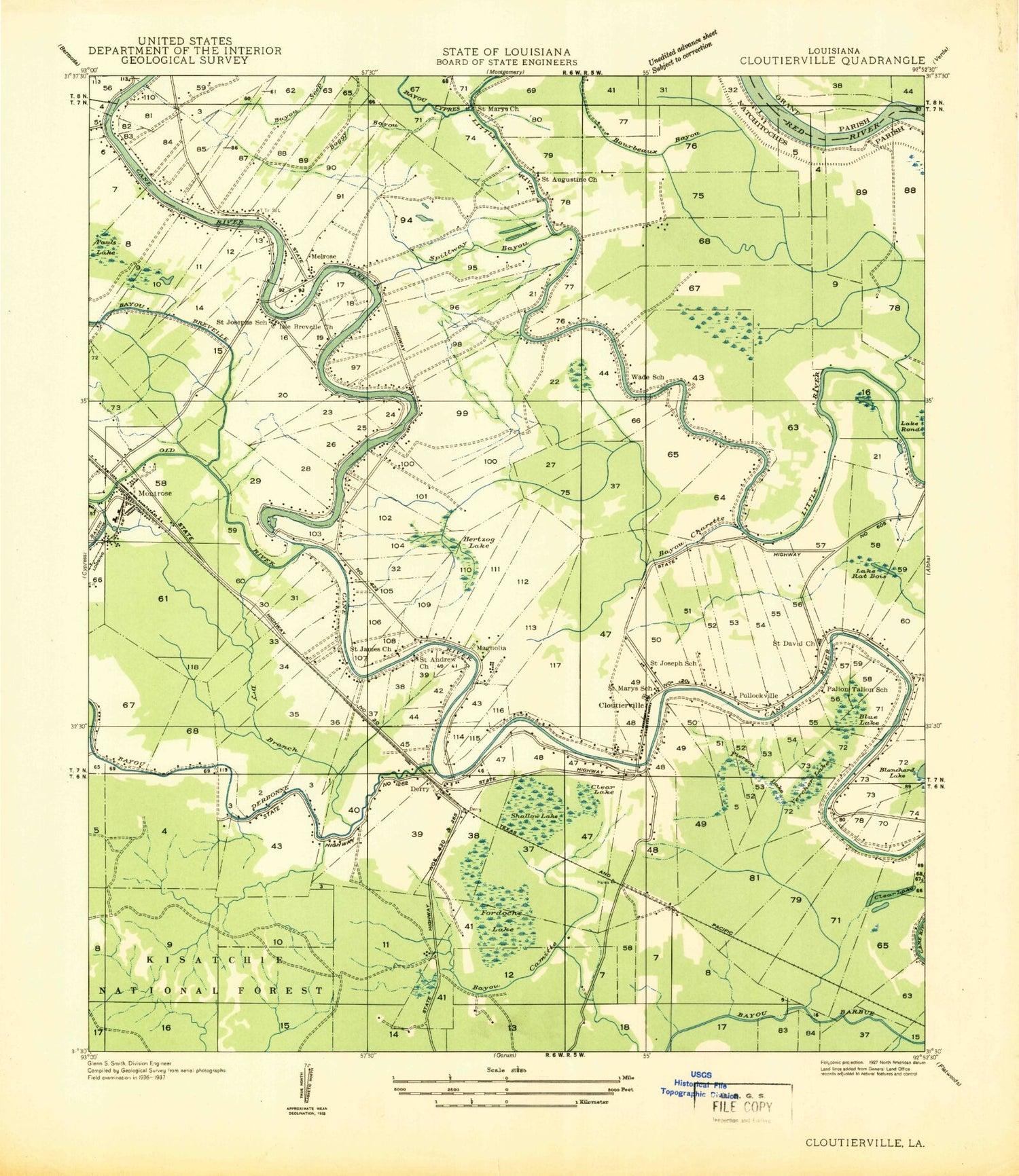 Classic USGS Cloutierville Louisiana 7.5'x7.5' Topo Map Image