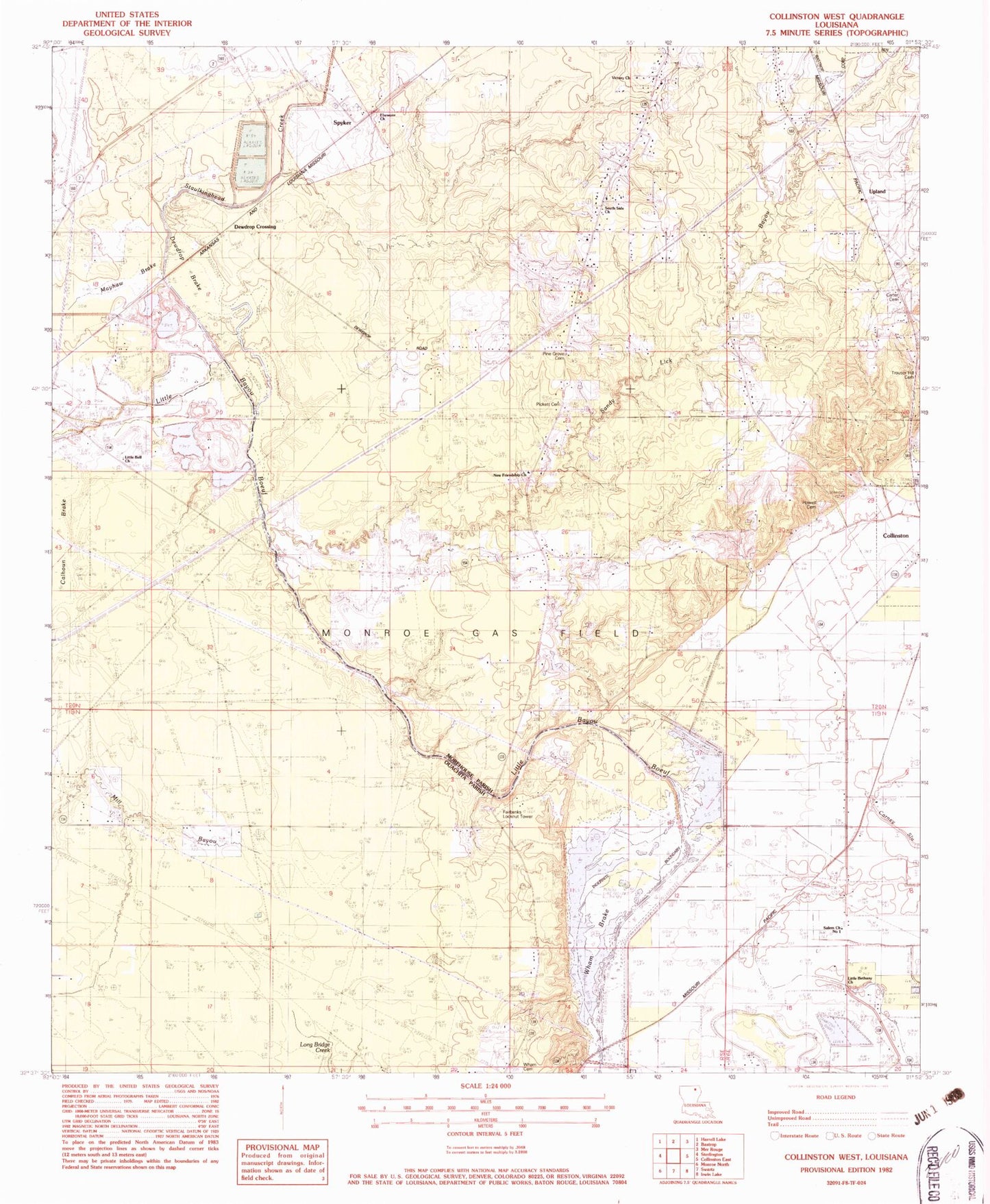 Classic USGS Collinston West Louisiana 7.5'x7.5' Topo Map Image
