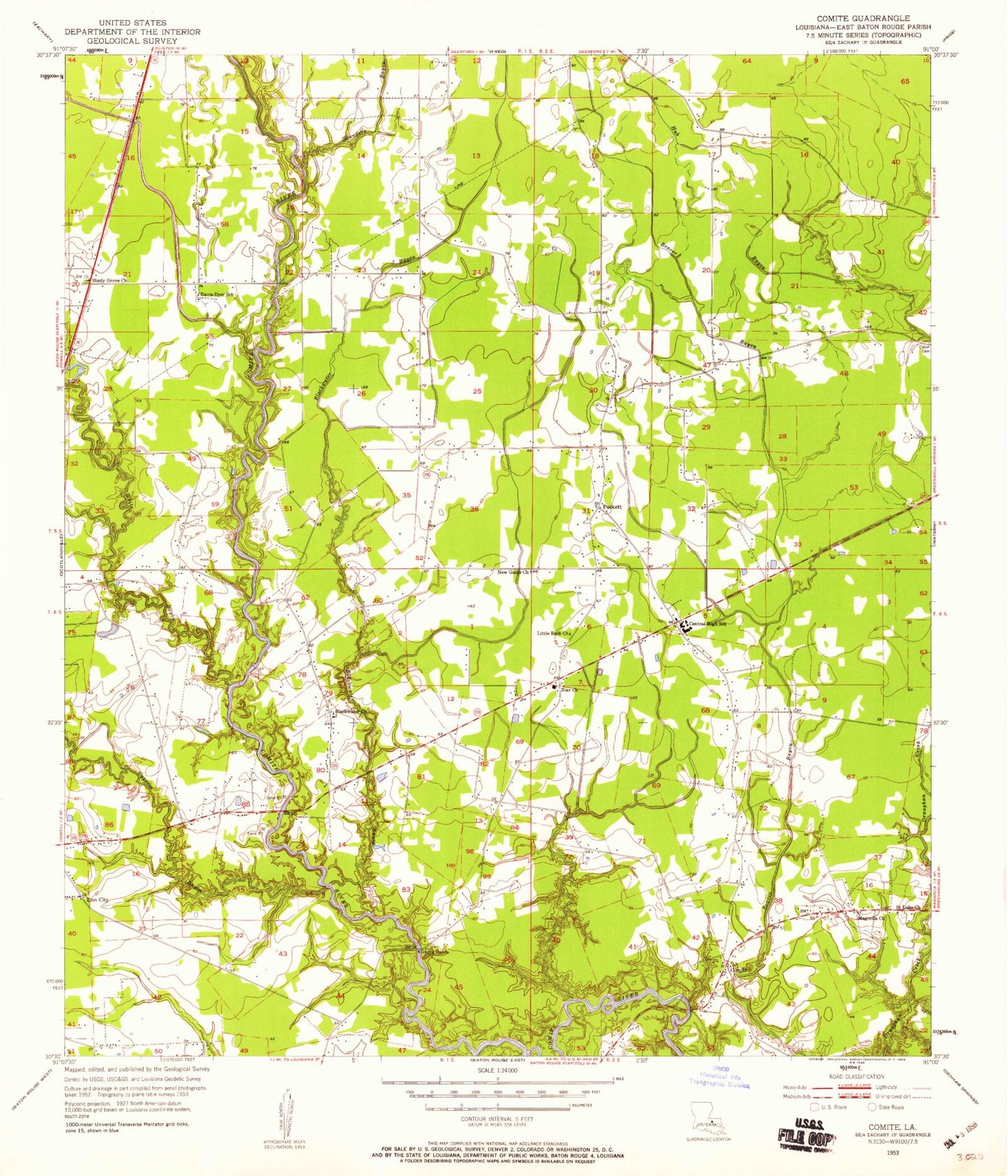 Classic USGS Comite Louisiana 7.5'x7.5' Topo Map Image