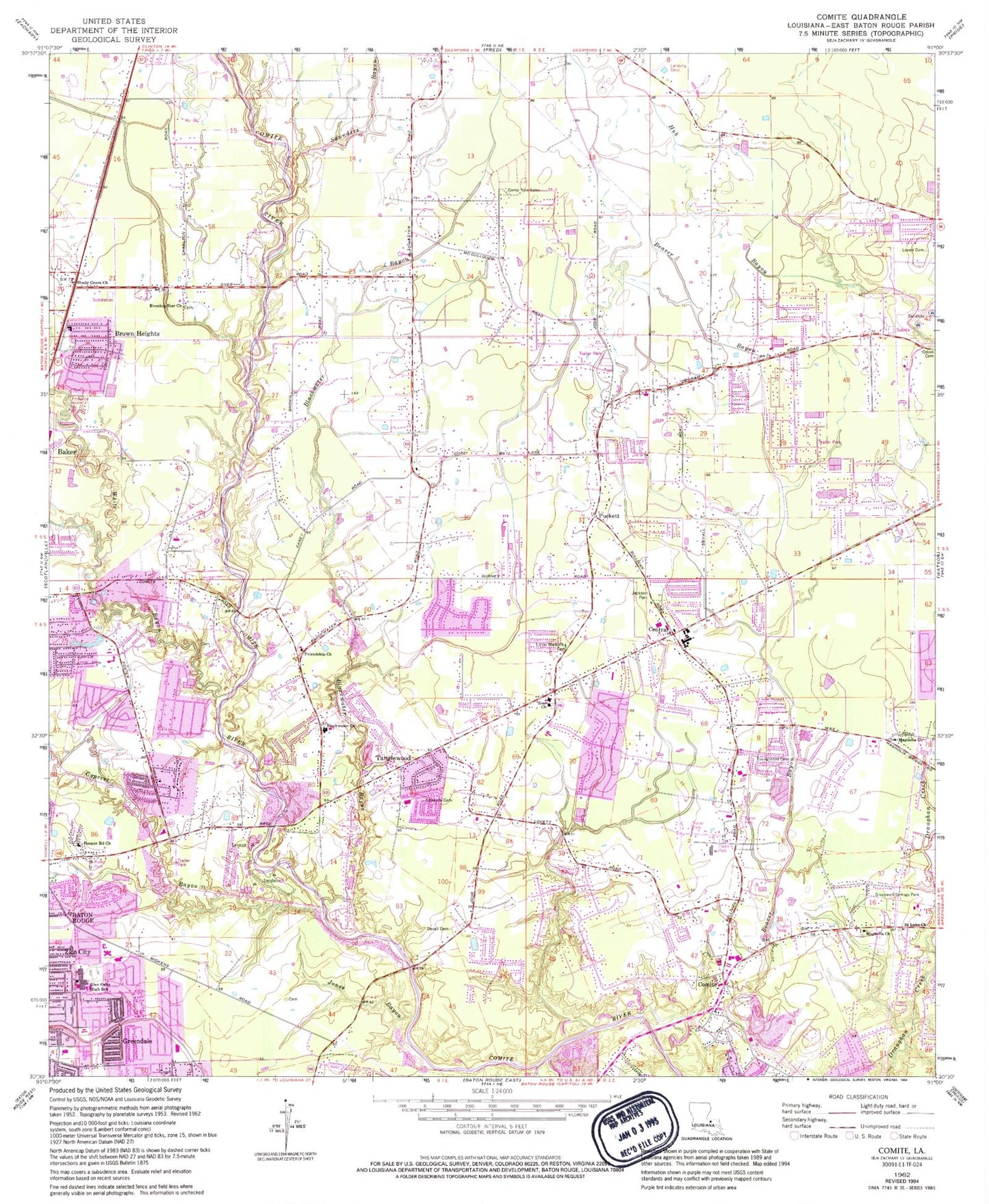 Classic USGS Comite Louisiana 7.5'x7.5' Topo Map Image
