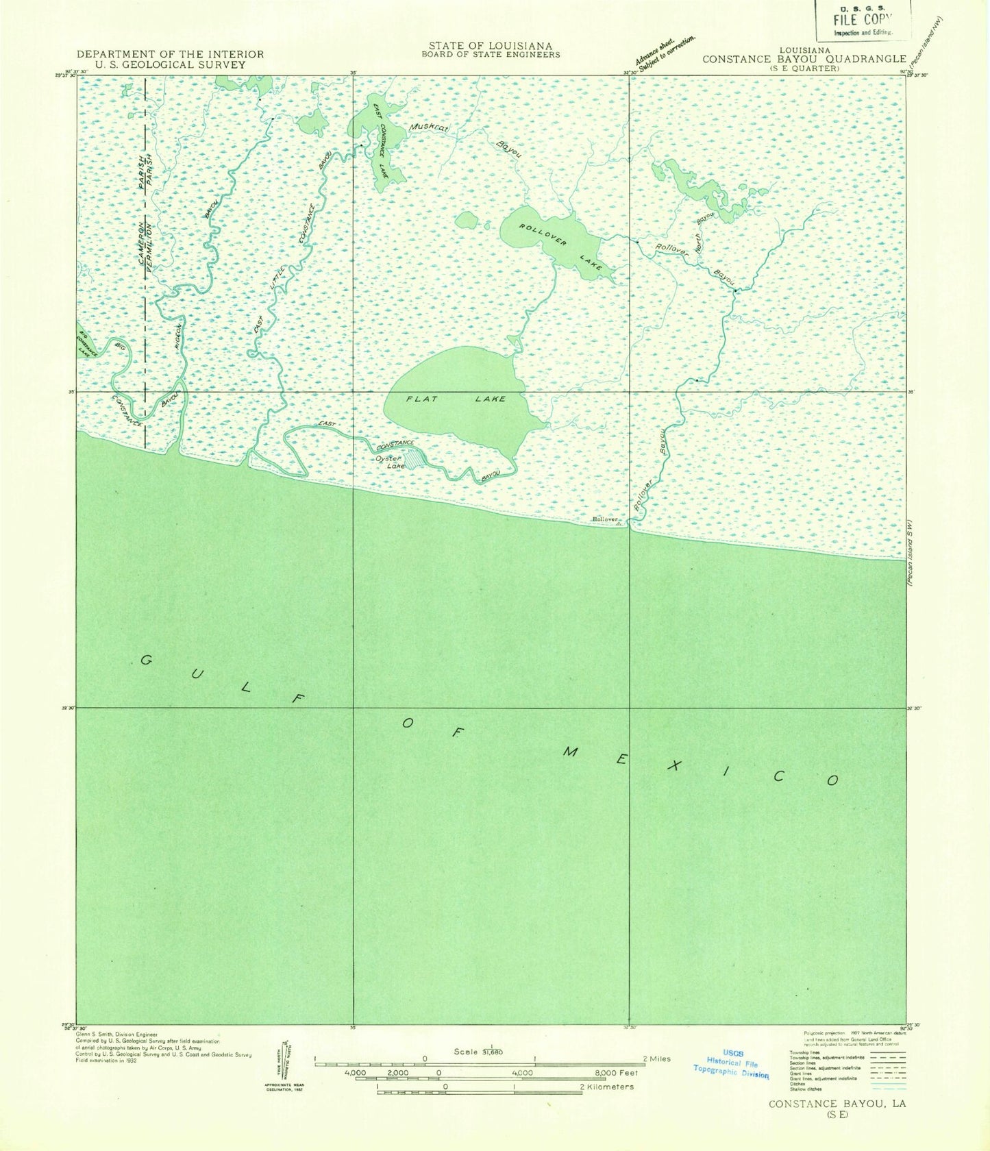Classic USGS Rollover Lake Louisiana 7.5'x7.5' Topo Map Image
