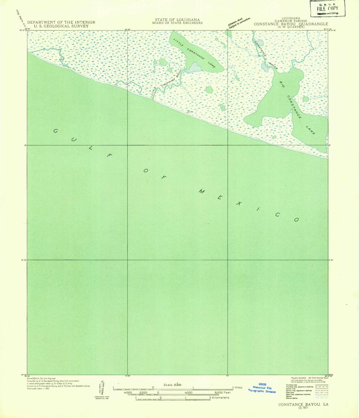 Classic USGS Big Constance Lake Louisiana 7.5'x7.5' Topo Map Image