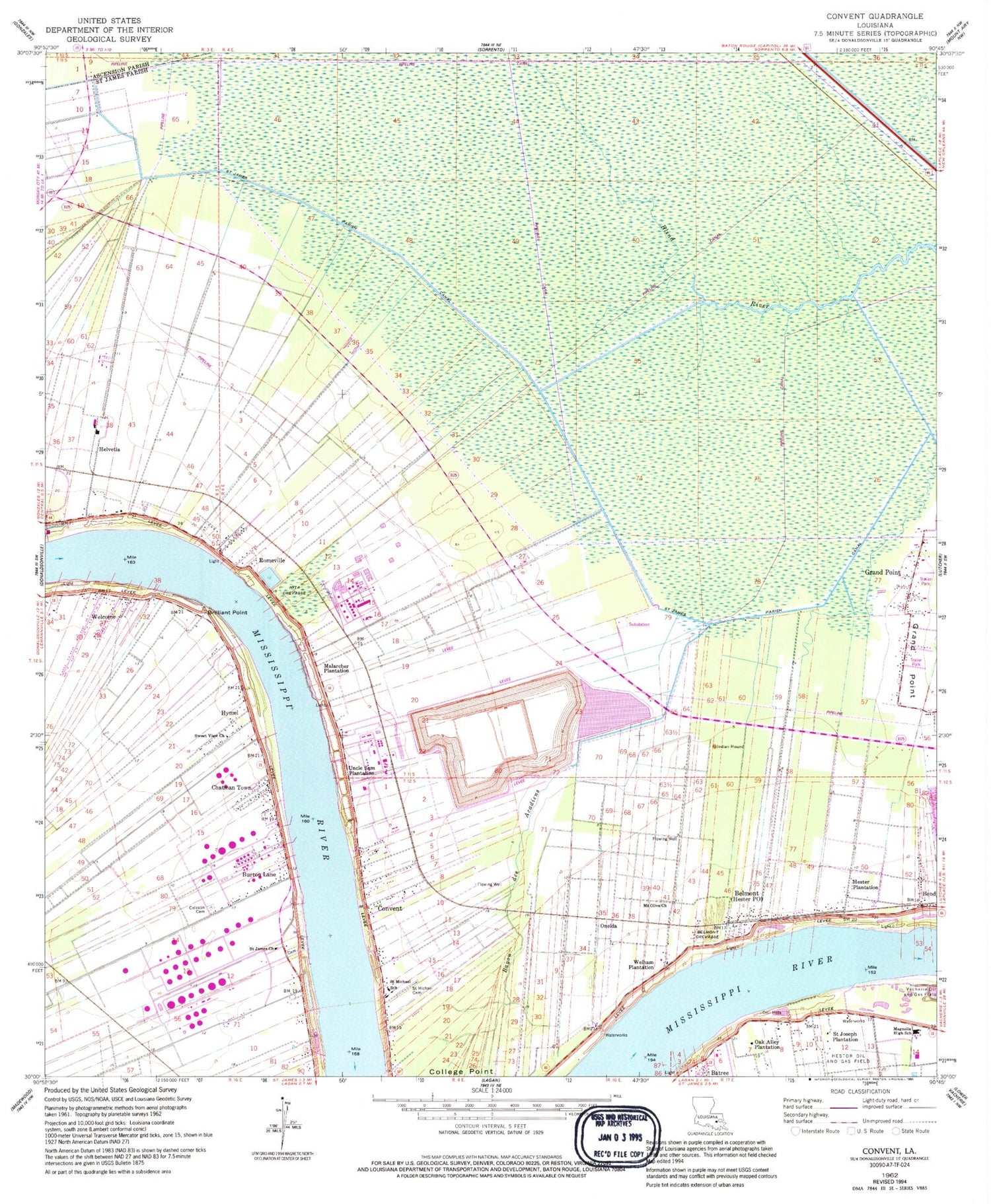 Classic USGS Convent Louisiana 7.5'x7.5' Topo Map Image