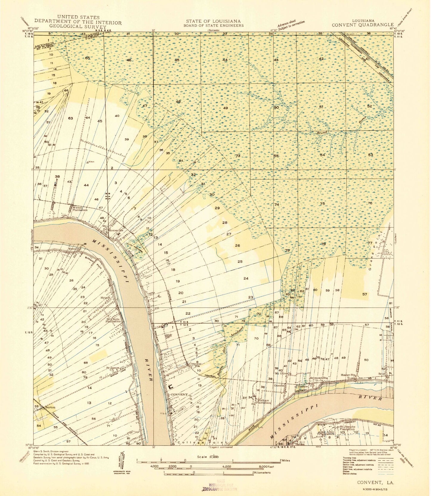 Classic USGS Convent Louisiana 7.5'x7.5' Topo Map Image