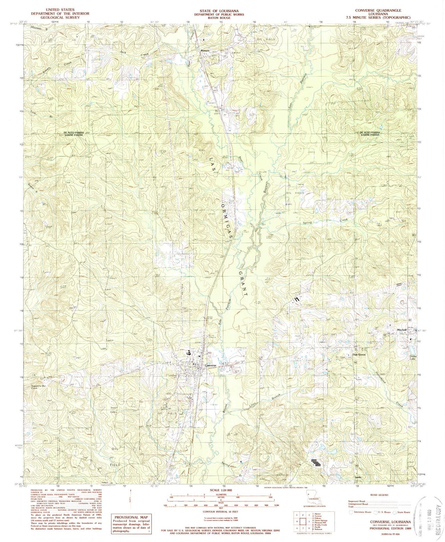 Classic USGS Converse Louisiana 7.5'x7.5' Topo Map Image