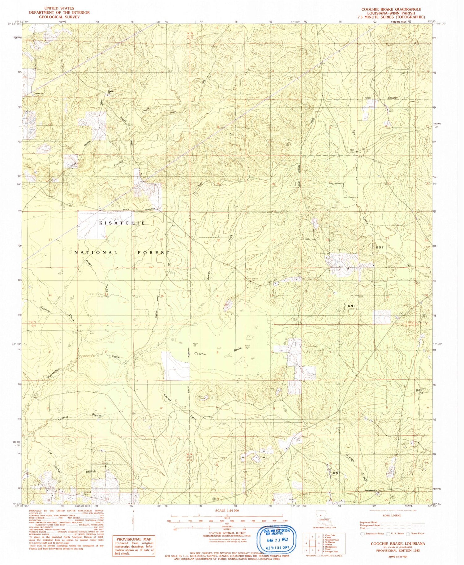 Classic USGS Coochie Brake Louisiana 7.5'x7.5' Topo Map Image