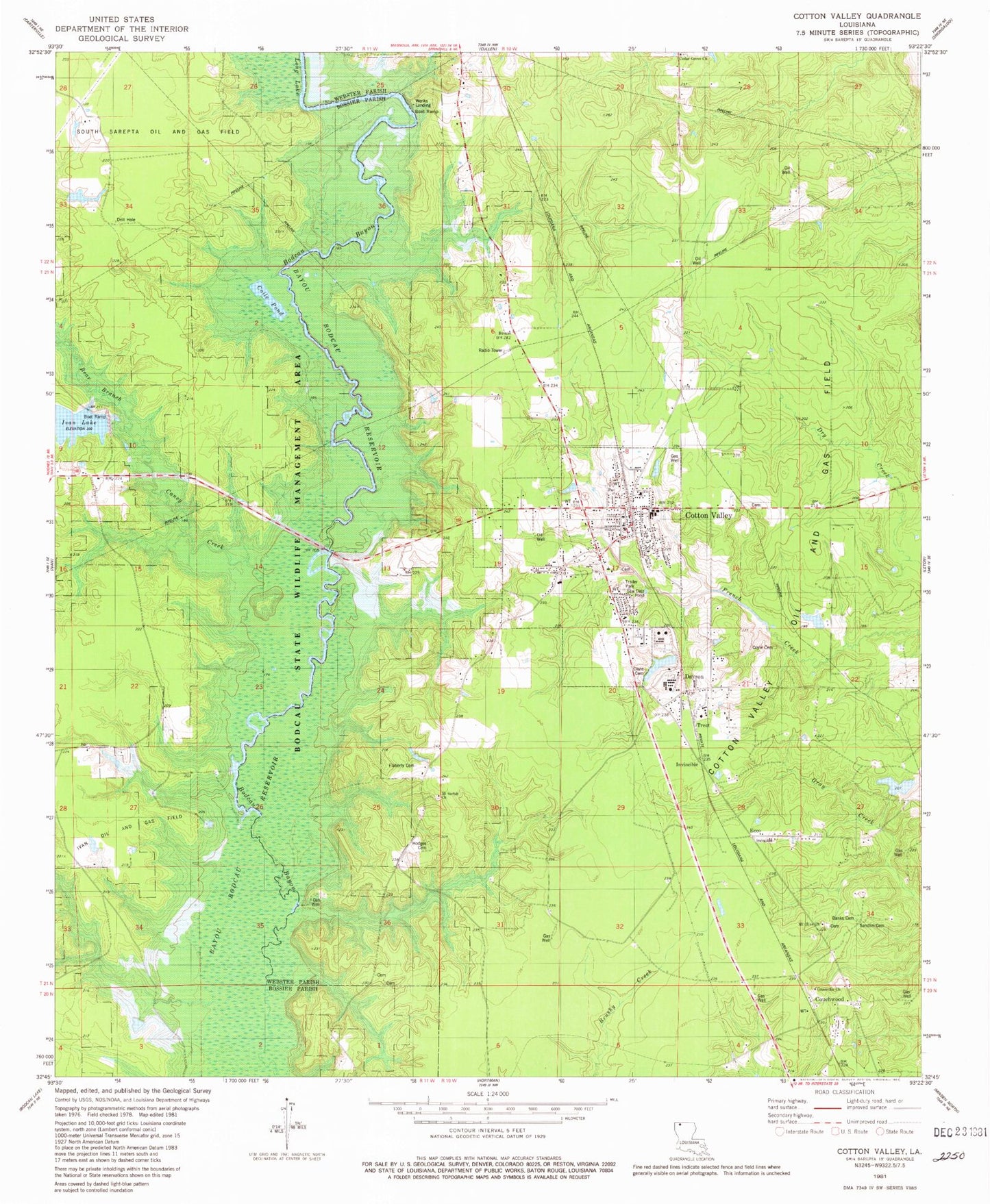 Classic USGS Cotton Valley Louisiana 7.5'x7.5' Topo Map Image