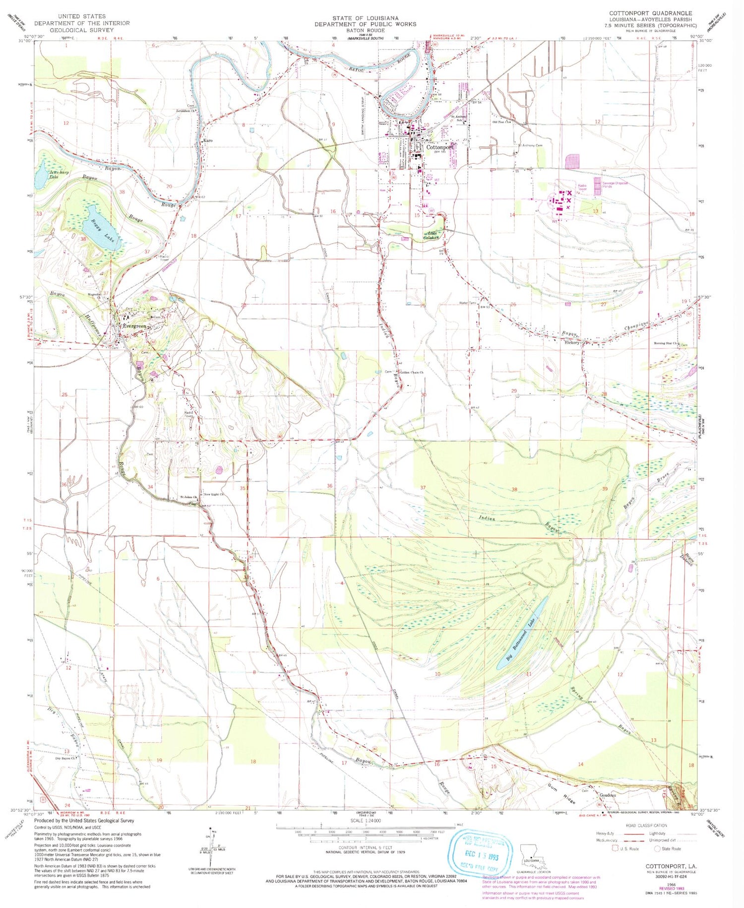 Classic USGS Cottonport Louisiana 7.5'x7.5' Topo Map Image
