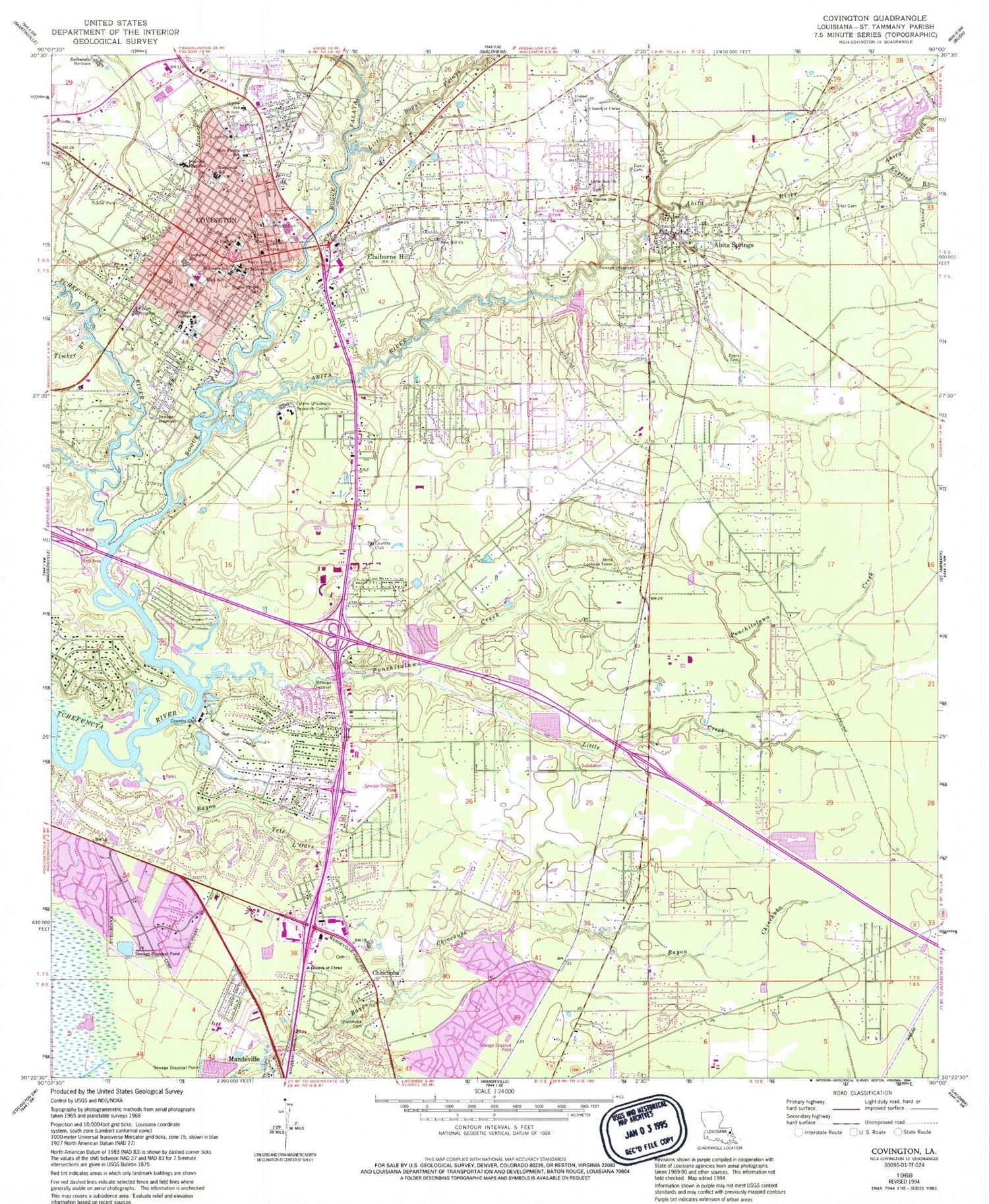 Classic USGS Covington Louisiana 7.5'x7.5' Topo Map Image