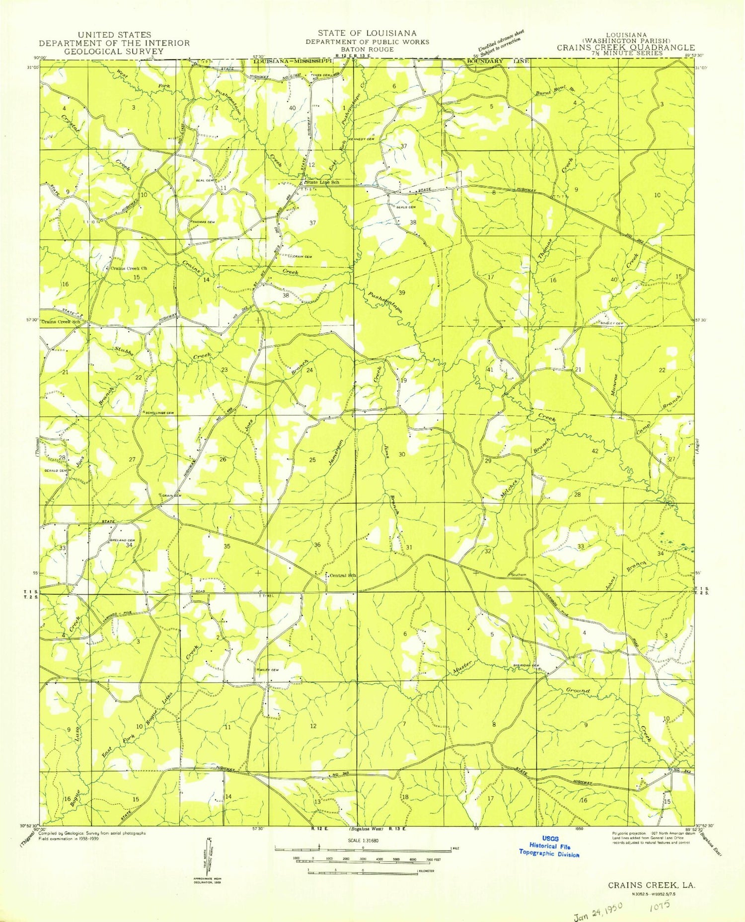 Classic USGS State Line Louisiana 7.5'x7.5' Topo Map Image