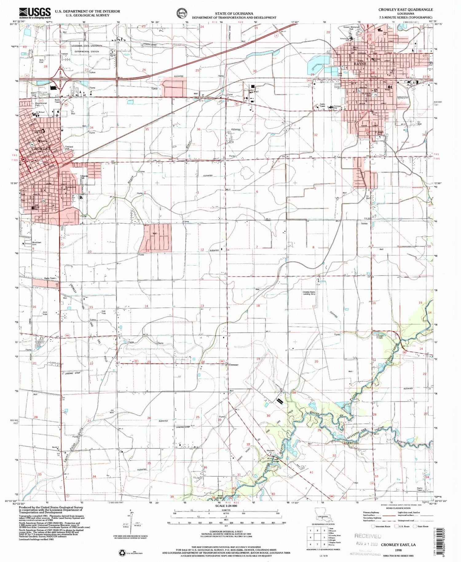 Classic USGS Crowley East Louisiana 7.5'x7.5' Topo Map Image