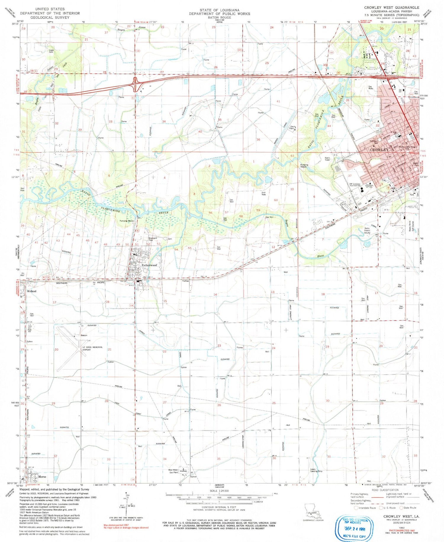 Classic USGS Crowley West Louisiana 7.5'x7.5' Topo Map Image
