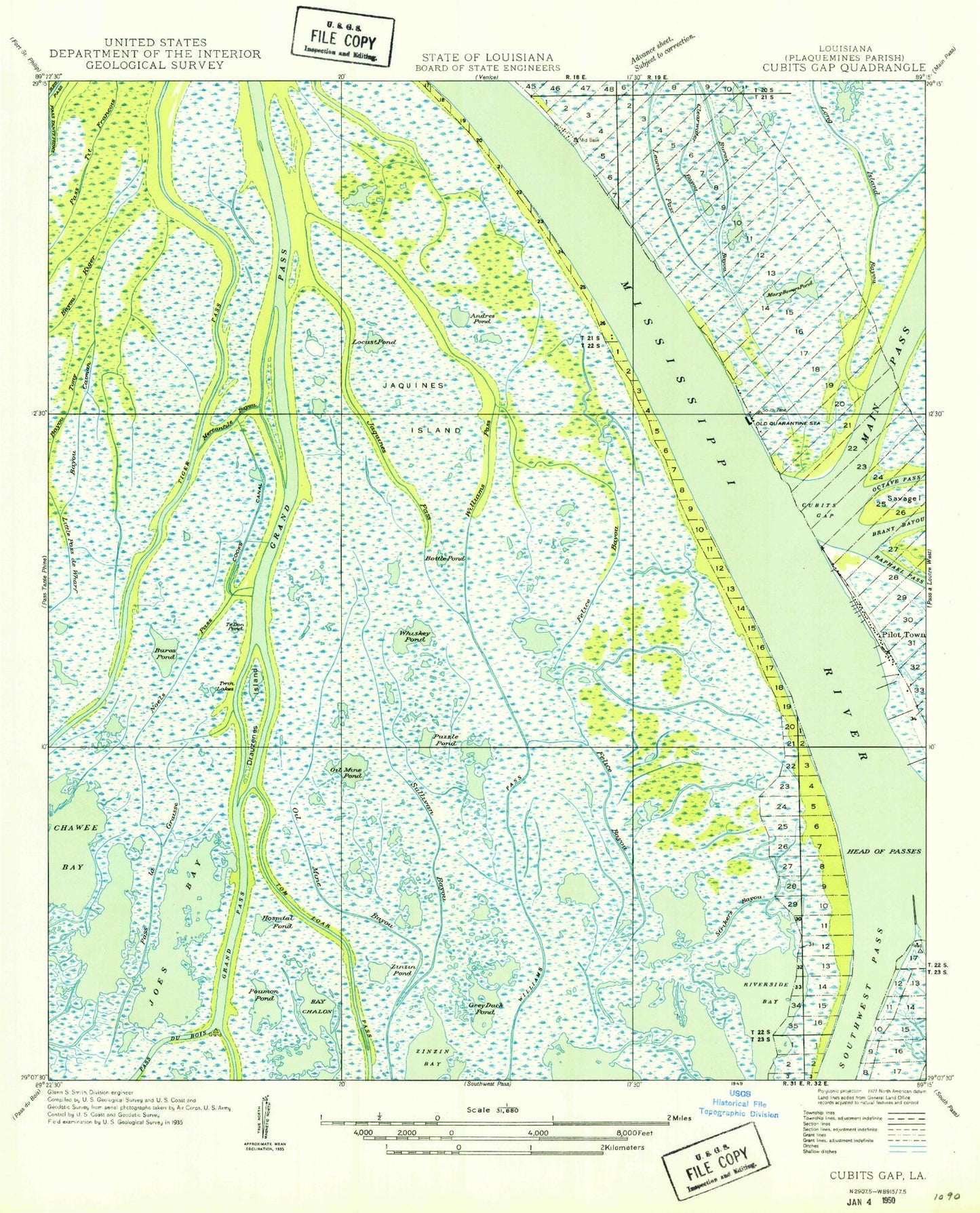 Classic USGS Pilottown Louisiana 7.5'x7.5' Topo Map Image